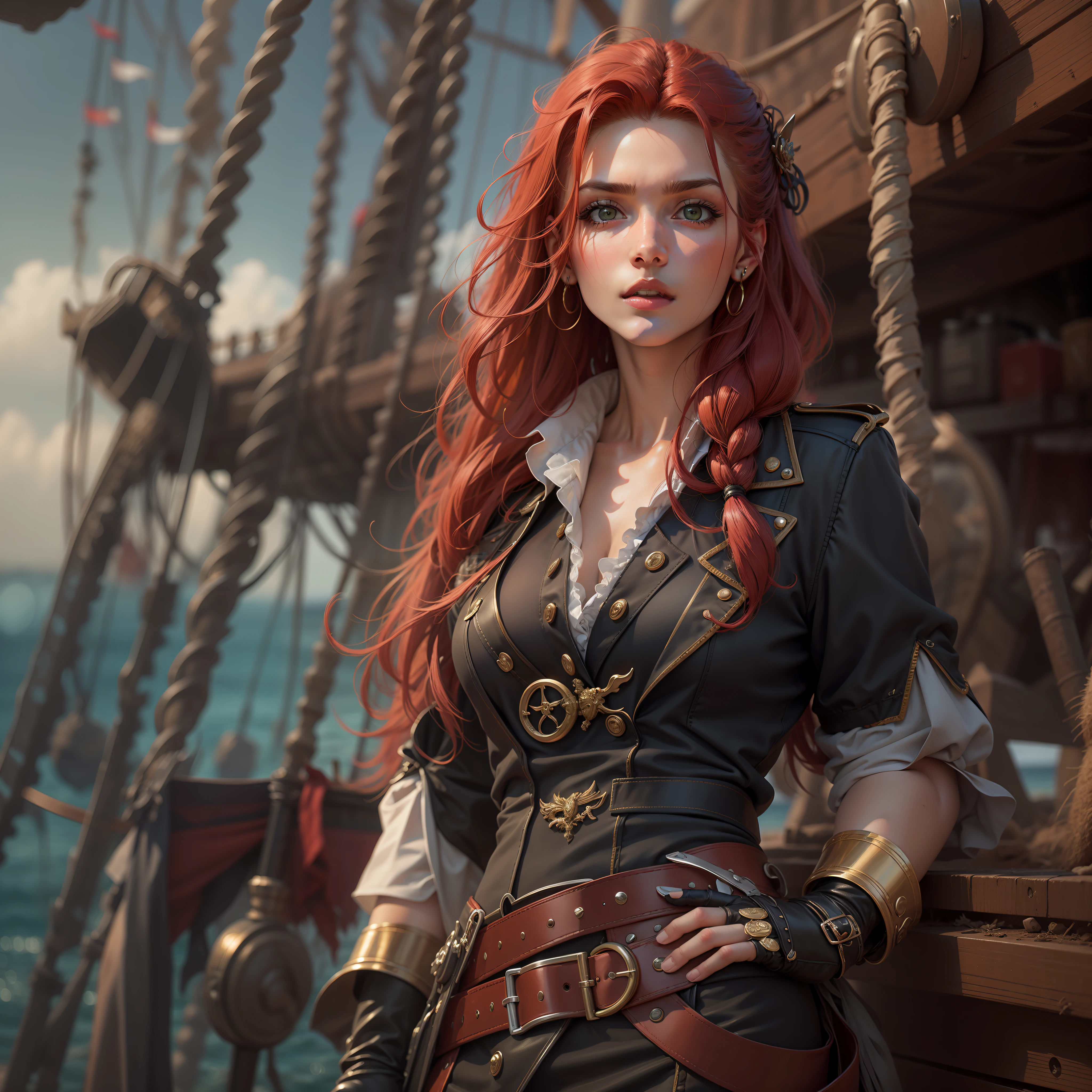 (masterpiece: 1.2), (best quality: 1.2), (highly detailed: 1.3), (intricate detail), highres, best illustration, 4k, perfect lighting, high detail pirate ship, ocean, wind breeze, full body, full body shot, perfect face detail, detailed eyes, detailed background, realistic photo, sharp focus 1.2, ((looking at camera 1.2)), solo, 1girl, perfect human ???????, perfect legs, perfect arms s, perfect face, long red hair, hair braid, female pirate outfit, leather skirt, garter feel, black gloves with gold accents, flashy neckline, seductive appearance, sexy body lines, human hands, attractive female body, (elegant uniform: 1.2), female boot, hard, woman with closed mouth, green iris, looking at viewer, perfect lighting, epic realism