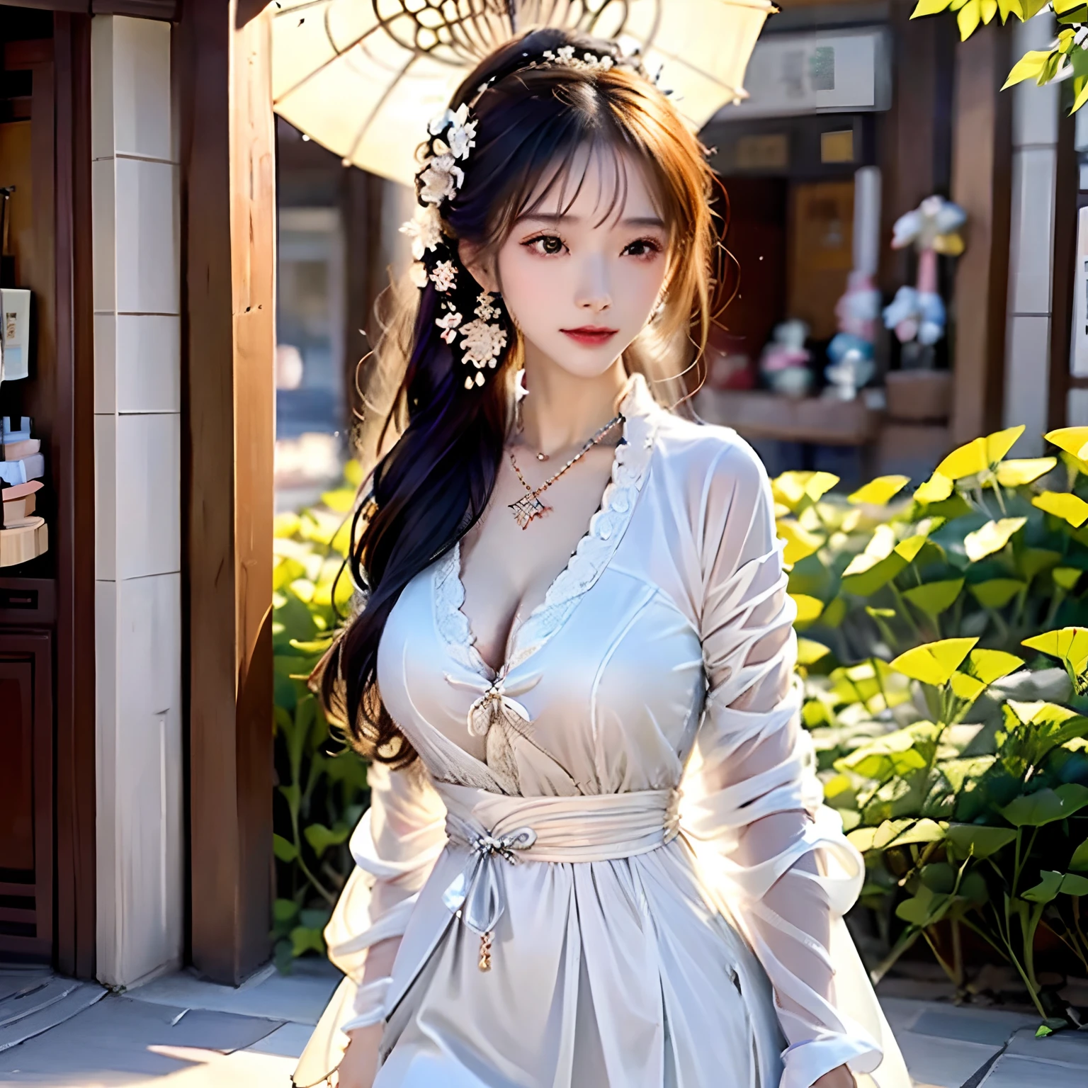 High detail CG，rich details​，On the streets in the sun，One is wearing a cheongsam，The beauty of Hanfu Walking on the streets of Jiangnan Town with a paper umbrella after the rain，The figure is bumpy，Wearing a necklace，耳Nipple Ring