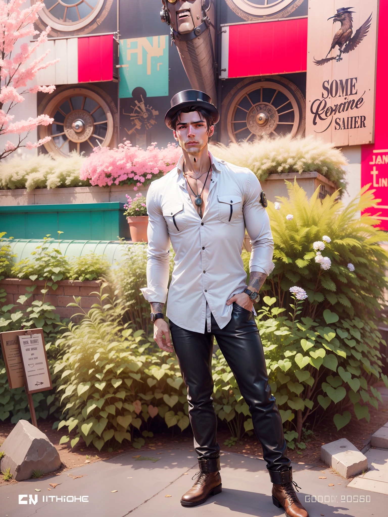 um Home Detective, Conceptual Art, Realism, Godley, Film Lighting, Multiview, Canon, UHD, High Detail, High Quality, HD, 16k,Steampunk,Handsome and slender young man,,Steampunk,Vintage Pilot Goggles,Leather Jacket,Leather Vest,Leather Pants,White Shirt,Top Hat,(Face: 1.3)Face, Detailed face, perfect eyes, serious expression, short haircut, industrial background, intricate details, natural light, correct anatomy, good composition, masculine image, manly, refreshing and clear skin texture, holding a pistol in the right hand