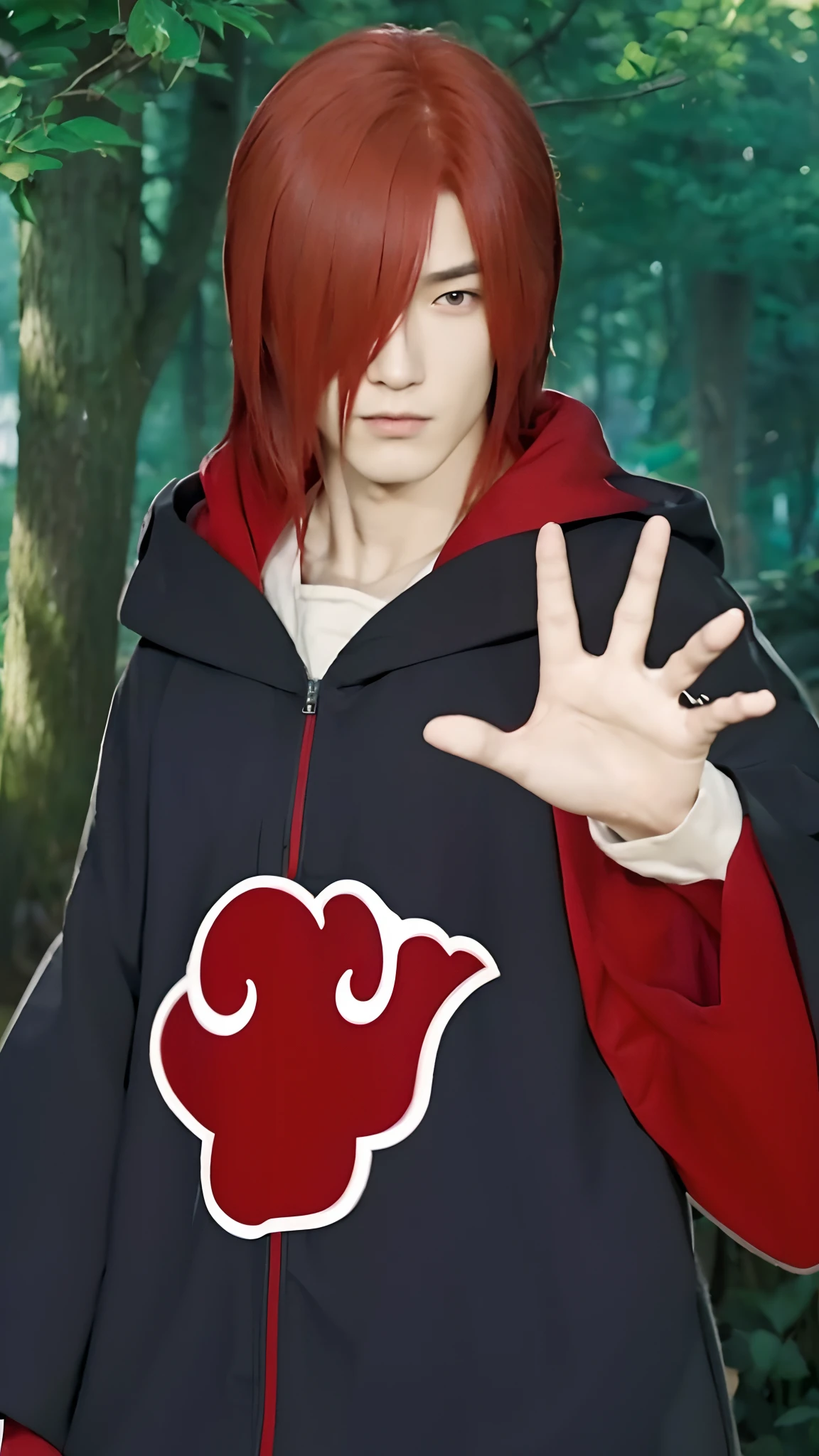 Real life adaption of this character, handsome man face, cool expression, ((realistic same exactly red hair)),((realistic same outfit with Akatsuki logo)) , hyper realistic, realistic light, realistic shadow, realism,(photorealistic:1.2), looking to viewer ,