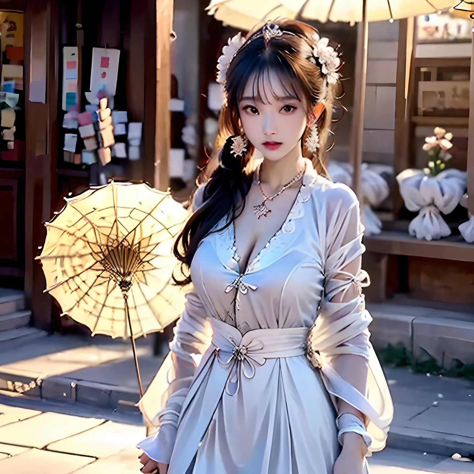 High detail CG,rich details,On the streets in the sun,One is wearing a cheongsam,The beauty of Hanfu Walking on the streets of Jiangnan Town with a paper umbrella after the rain,The figure is bumpy,Wearing a necklace,耳Nipple Ring