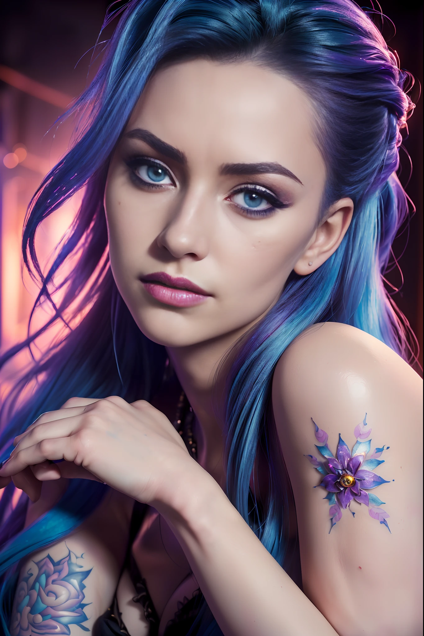 Masterpiece, Jinx from Arcane, intricately detailed background, (UHD, 8K wallpaper, High resolution), Cinematic lighting, award-winning, extremely detailed skin, extra detailed face, high detail eyes, photo-realistic, Zeiss 85 mm F/1.4, by Ellen von Unwerth