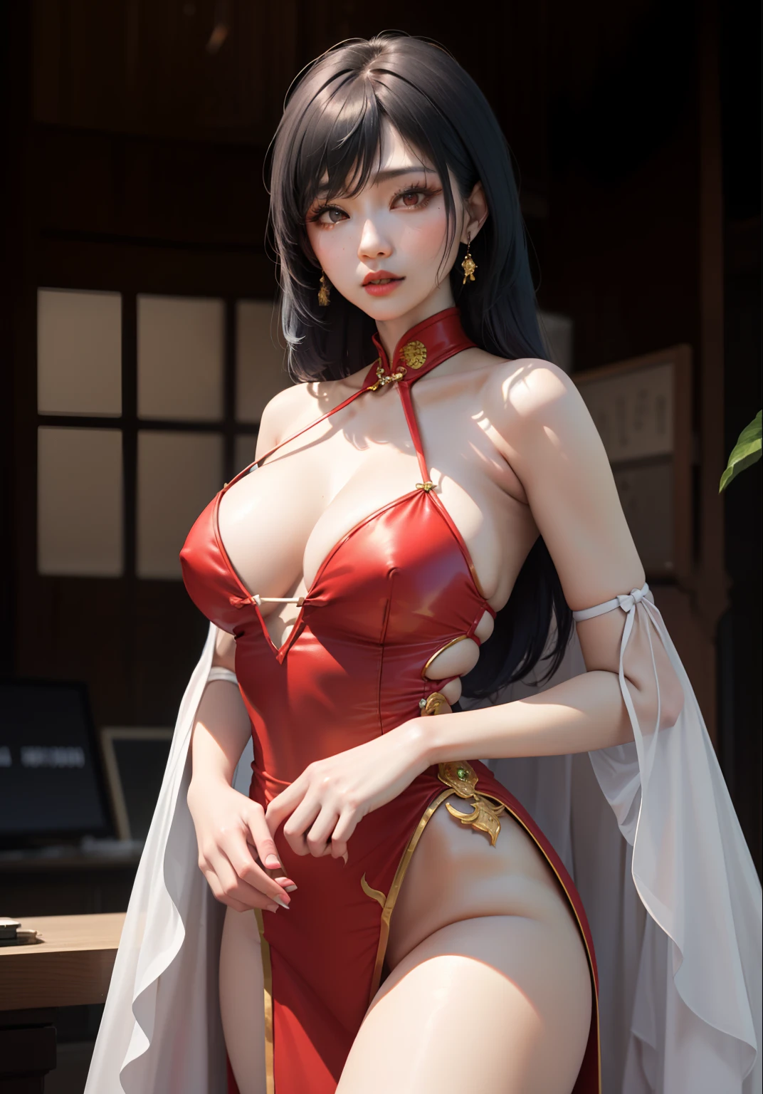 Close-up of a woman in a cheongsam, Super Flame Magician, deayami kojima, long whitr hair,35mm focal length,full bodyesbian,