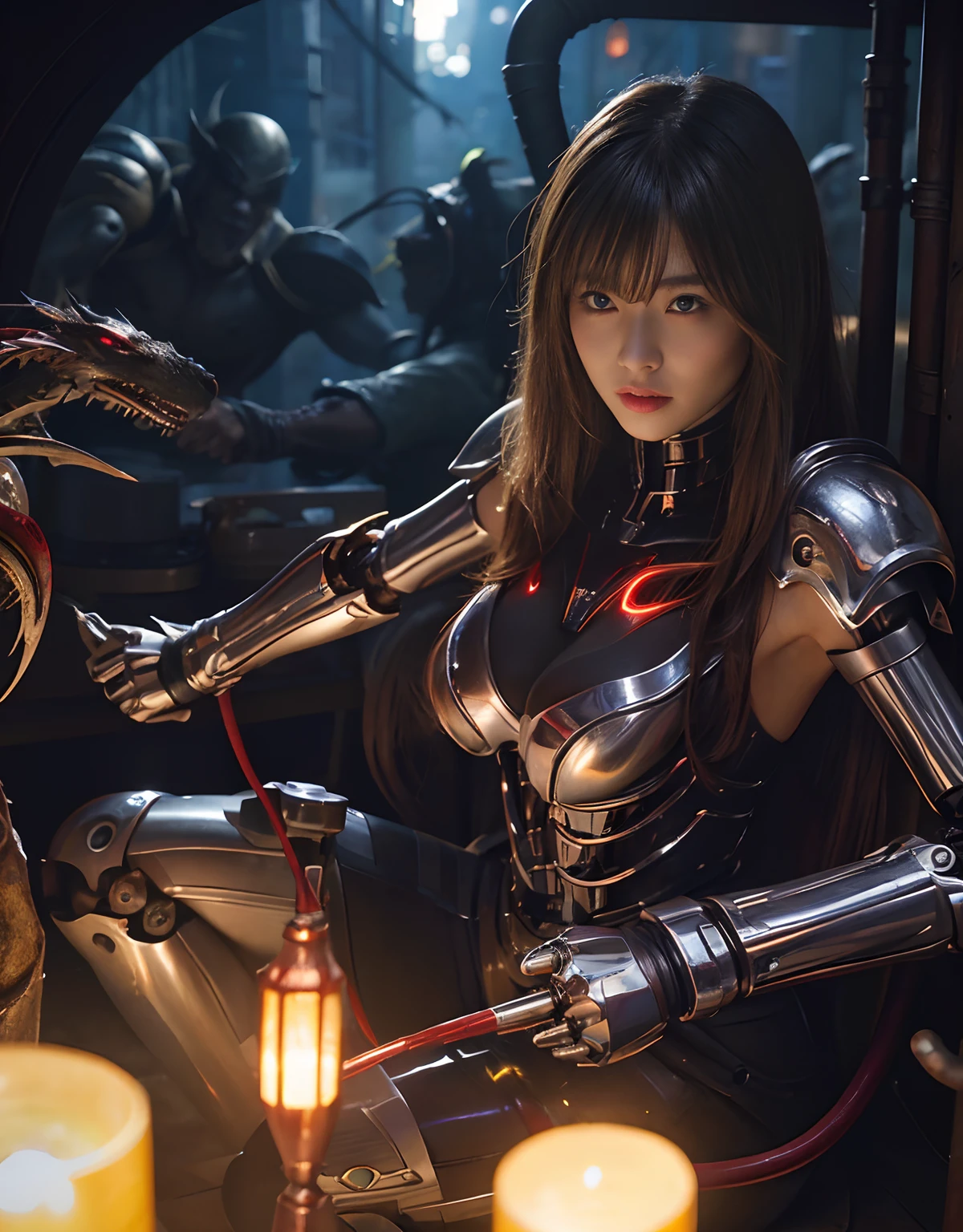 (1 Mechanical Girl)、top-quality、masterpiece、超A high resolution、(Photorealsitic:1.4)、Raw photo、女の子1人、Fight mutants、glowy skin、(((1 Mechanical Girl)))、With a beautiful knife、(Silver Metal Bodysuit)、(Kobold、ogre、Fierce battle with orcs),(Fight fiercely against aliens)、Fight fiercely、(beautiful forest background)、(Fighting Demonic Beasts)、(Small LED)、((super realistic details))、portlate、(Strong giant demon beast background),globalillumination、Shadow、octan render、8K、ultrasharp、Colossal tits、Raw skin is exposed in cleavage、metals、Details of complex ornaments、Japan details、highly intricate detail、Realistic light、(Mystical expression),CGSoation Trends、Red Eyes、radiant eyes、Facing the camera、neon details、(Mechanical limbs)、(blood vessels connected to tubes)、Mechanical vertebrae attached to the back、mechanical cervical attaching to neck、(Wires and cables connecting to the head)、Gundam、Small LED、,Mechanical thighs、Toostock、(Hands are also made of machines)、(Attack of the Monster Beasts)、(Wounded in a deadly battle)、