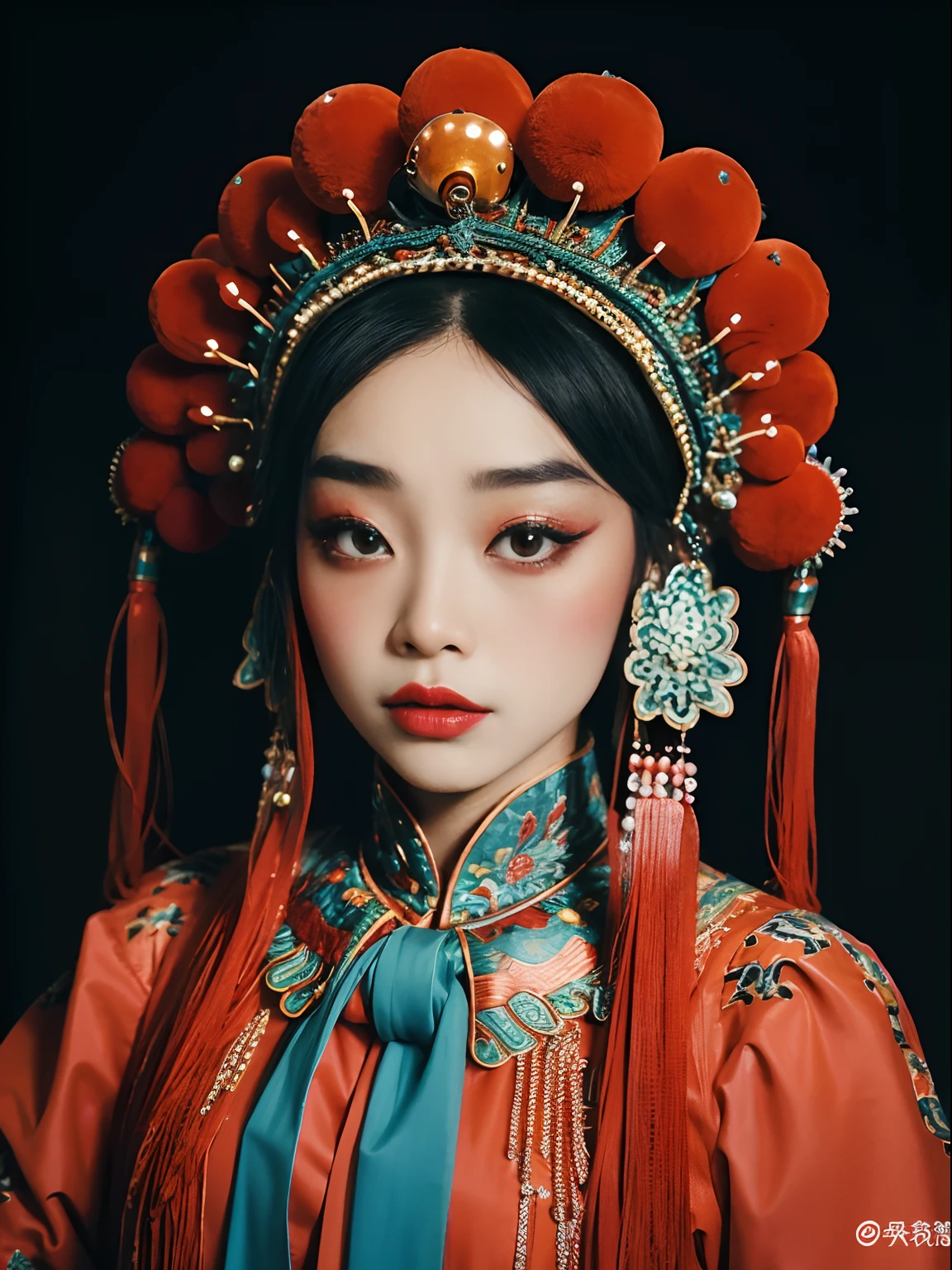 8K，Portrait Photogram，Shocking，movie picture quality，。CNOperaCrown， From the front， looking at viewert， Beautiful makeup，Detailed portrayal of the face。Exquisite headdress， （（（CNOperaFlag）））， Gorgeous costumes， nipple tassels。Chinese red，cloisonne