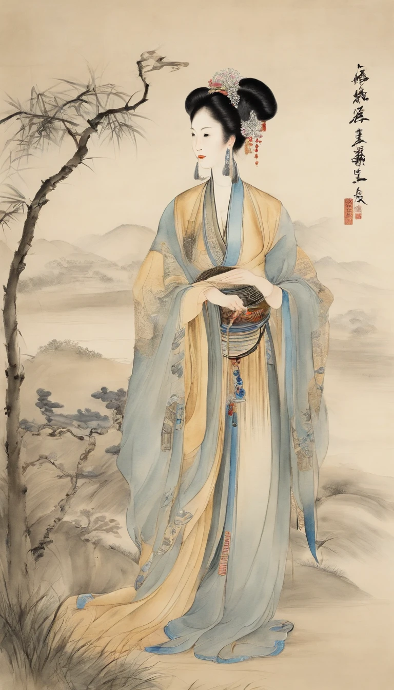 Chinese landscape painting,ink and watercolor painting,Willow wicker,water ink,ink,Smudge,Ultra-wide viewing angle,Meticulous,Beautifully depicted,A beauty,being thin,ancient Chinese costume, Beautiful detailed facial features, Small eyes, Smiling, Clear facial features, Black hair and high hair,without a hat,Take the willow branch,, long skirt, Ancient dress, Line stroke,1/2. Side side face,A detailed,acurate,Works of masters,tmasterpiece