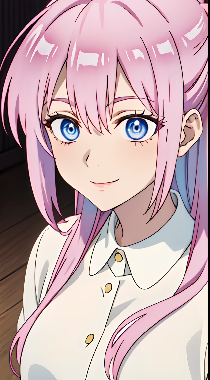 anime girl with pink hair and blue eyes in a white shirt, crazy seductive smile, directed gaze, high - angle, very very very beautiful, ultra detail, hight quality, best quality