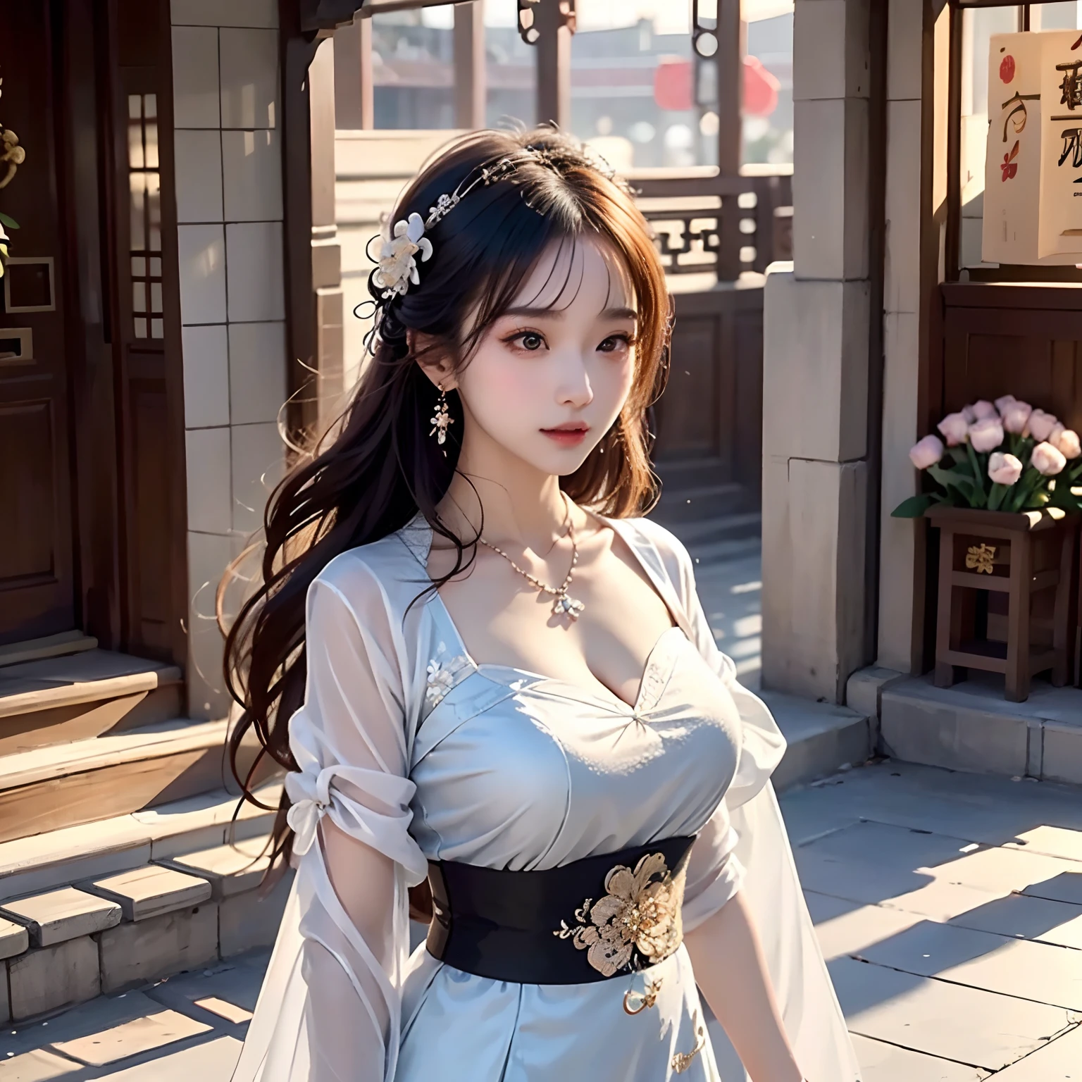 High detail CG,rich details,On the streets in the sun,One is wearing a cheongsam,The beauty of Hanfu Walking on the streets of Jiangnan Town after the rain,The figure is bumpy,Wearing a necklace,耳Nipple Ring