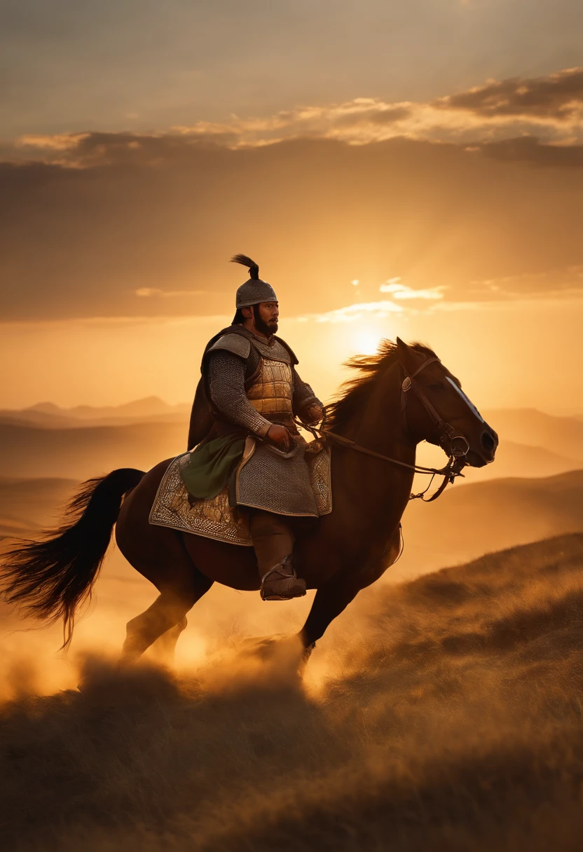 best quality,4k,highres,masterpiece:1.2,ultra-detailed,realistic:1.37,Cengiz Han's Empire Formation,Mongolian Tribes Unite,conquerors on horseback,dominating the vast steppes,majestic Mongolian warriors,historical battle scenes,dense cavalry formations,breathtaking landscapes with rolling hills,grassy plains and distant mountains,strong military presence,imposing forts and fortresses,tribal chieftains negotiating alliances,elegant Mongol tents and camps,ornate traditional costumes and armor,flags and banners fluttering in the wind,dramatic sunset light casting long shadows over the empire,golden hues enveloping the scene,powerful and influential leaders shaping history,Mongol banners fluttering in the wind,unstoppable march towards conquest,warrior conveys strength and determination,horses galloping with intensity,expression of unity and brotherhood among the tribes,imperial symbol of a mighty eagle soaring across the sky,scenic landscapes painted with vivid colors,authentic portrayal of historical accuracy