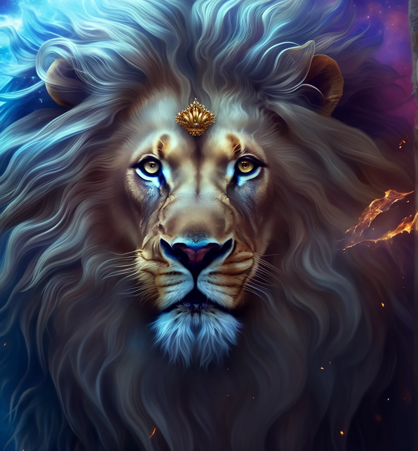 Lion with crown on head and blue background, Lion warriors, gorgeous goddess of leo, aslan the lion, fire lion, lion head, Majestic!!! Beautiful!!!, lion, roaring blue lion. Majestic, lord of beasts, with the mane of a lion, half lion, portrait of a lion, author:Adam Maczynski, face of an lion