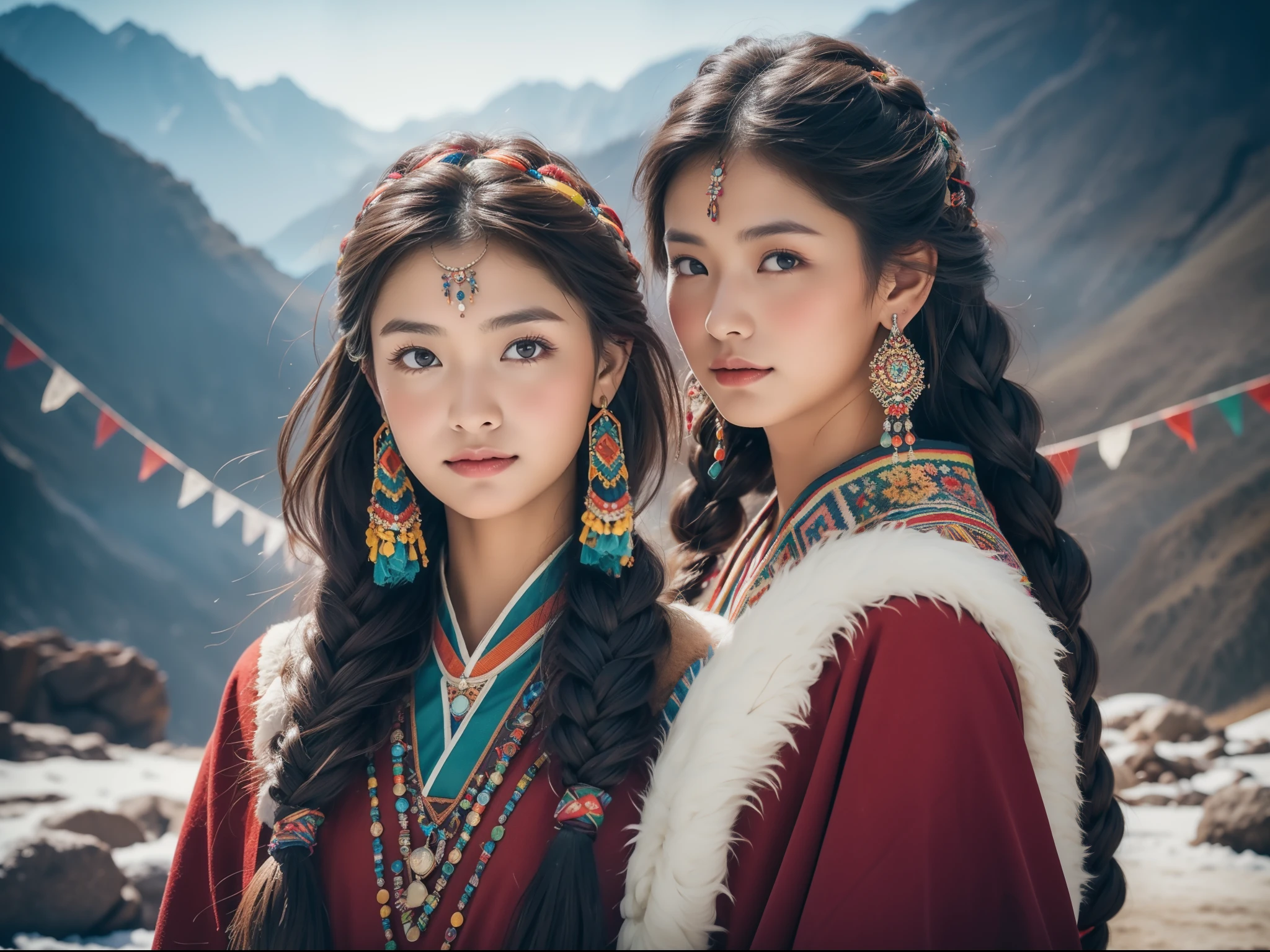 (Best quality,8K,A high resolution,Masterpiece:1.2),(Dark brown skin, Textured skin, Highland flushed face, Sunburn, tanned, sunspot), Beautiful Tibetan girl in snowy mountains, prayer flags, Tibetan culture, Bright eyes, Traditional Tibetan art costumes, Tibetan robes, Tibetan headdress, Tibetan jewelry, Turquoise, amber, Observe the audience, Ultra-fine details, upscaled. Soft lighting, ultra - detailed, High quality, Vivid colors, Bokeh, hdr, hyper HD, Professional photography style.