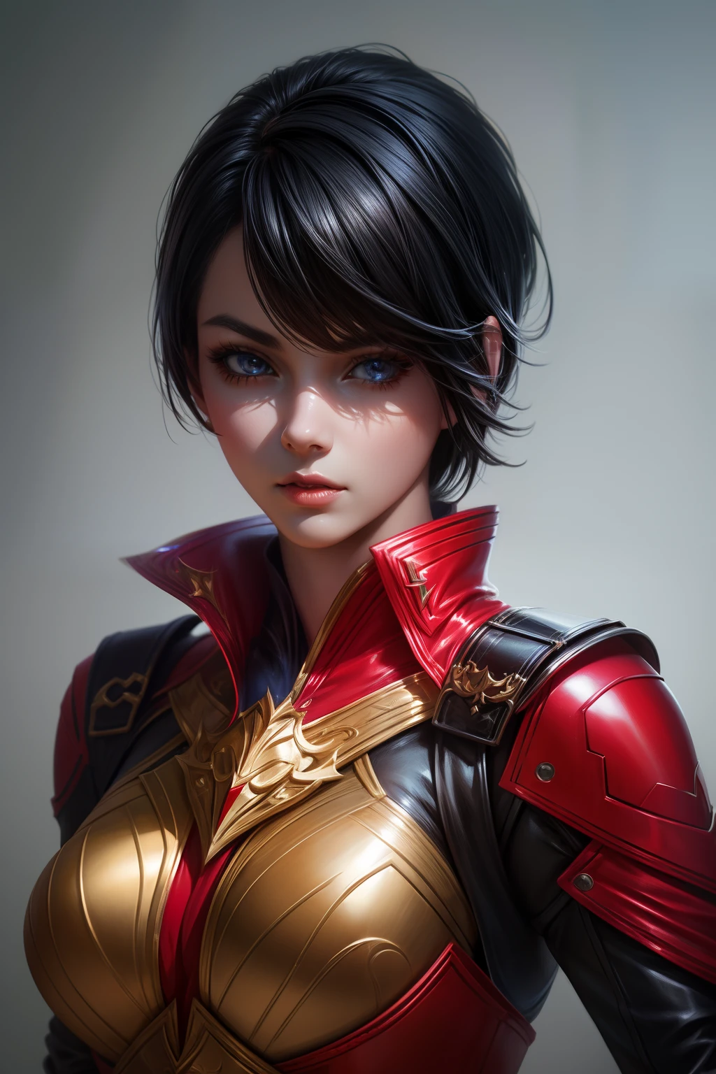 solo, super fine photo, portrait digital art Unreal Engine 5 8K UHD of a girl, concept art, character concept design, wearing red tight shiny suit with metallic details, long black glove, short hair, best quality, masterpiece, super detailed, sharp focus, female pose