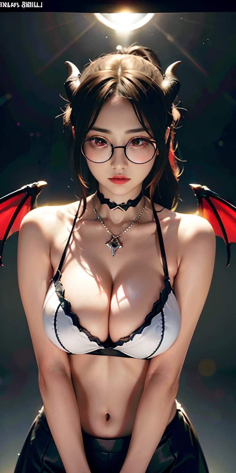 Fine、(The best illustrations)、8K resolution、intricate-detail、top-quality、realisitic、ultra-detailliert、The best lighting、Best Shadows、Soft lighting、Ulutra HD、Dungeon and Dragon、Dungeon、A Necromancer、natta、magia、Dark style、Succubus、Devil's Daughter、Bat Wings,(((Demon Horns)))、((((black-rimmed round glasses))))、(((Colossal tits)))、Devil's Tail、(red eyes glowing:1.6)、masterpiece、beautiful countenance、Tindall Effect、photos realistic、(High Detail Skins:1.2)、 (Intricate details, makeup, pureerosface_v1:0.5), (Detailed beautiful delicate face, Detailed beautiful delicate eyes, A perfectly proportioned face, High detailed skin, Detailed skin, best ratio four finger and one thumb, arms below breasts, Awesome awesome, wide hips, smooth midriff, skiny and thin, __Fashion__, __hair__:1.25) 8KUHD、Digital SLR、hightquality、a picture、hight resolution、 absurderes、Ponytail distortion、Highest high resolution、女の子1人、hair adornments、a necklace、jewely、Beautiful expression、Body Up、Large breasts emphasis、Toned waist、Wide buttocks、Tindall Effect、Photorealsitic、(High Detail Skins:1.2)、