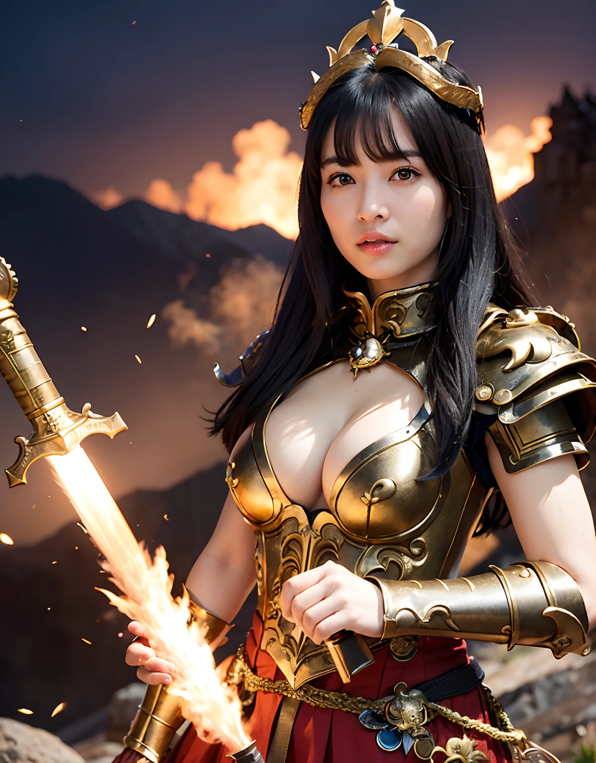 Professional , masterpiece、top-quality、photos realistic , 、top-quality、超A high resolution、(Photorealsitic:1.4)、Raw photo、depth of fields (Gemstone Gold Metal Body:1.9),(Matte White、Toostock、cleavage of the breast、(cleavage of the breast)、(Detailed Dragon Armor)、(Have the strongest weapon)、((Random Hairstyles 1.6),Dark Fantasy,)explosions、intense fighting、(Precipitous cliffs),Dragon Gold Weapon,Mystical expression、Particles of light、Fight dragons、(Detailed Dragon Helmet),Gorgeous Silver Weapons ,(( Dragon's dense and gorgeous sword)) , Beautiful knife ,warhammer 40k ,Detail and gorgeous crown、((Blue hair))、(Castle background)、、((Gangle's forest background))、Beautiful Caucasian beauty、1a person、dynamic ungle,((()))、Smaller head、A smile、Castle background、Thin and beautiful female hands、cleavage of the breast、Soldier in iron armor on background、Mystical expression、Light Effects、intense fighting、Wind-effect、magic circles、With the legendary magic wand、(demonic wings)、Toostock、