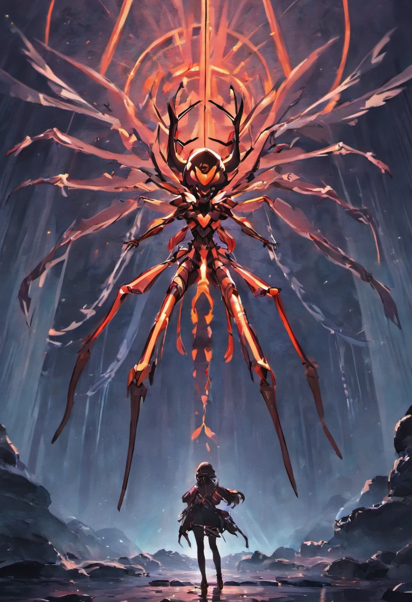 Chinese mythology,above the mountains,A giant spider,in dark style,Huge dams,Huge body contrast