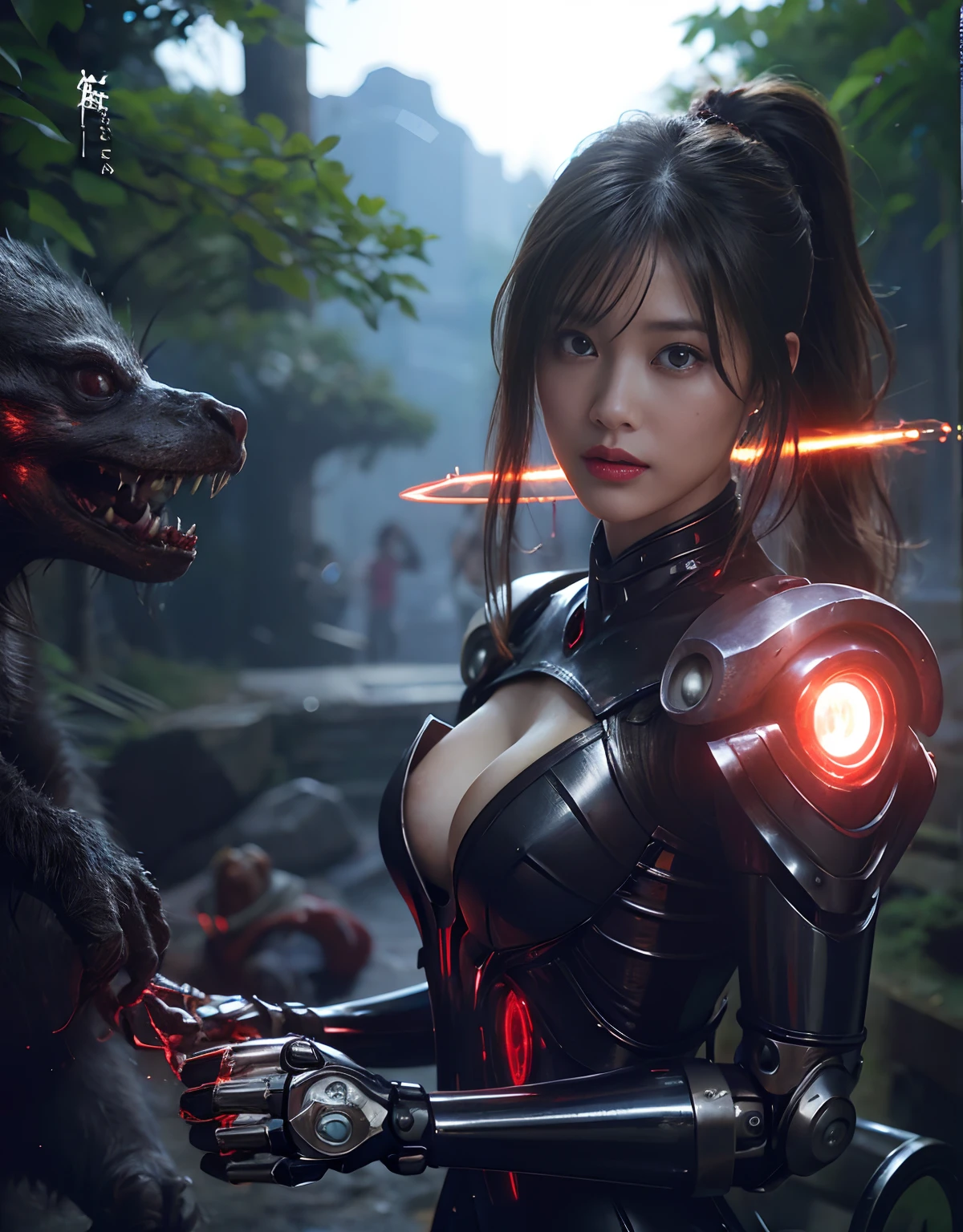 (1 Mechanical Girl)、top-quality、​masterpiece、超A high resolution、(Photorealsitic:1.4)、Raw photo、女の子1人、Fight mutants、glowy skin、(((1 Mechanical Girl)))、With a beautiful knife、（Silver Metal Bodysuit）、(Kobold、ogre、Fierce battle with orcs),（Fight fiercely against aliens）、Fight fiercely、(beautiful forest background)、(Fighting Demonic Beasts)、(Small LED)、((super realistic details))、portlate、(Strong giant demon beast background),globalillumination、Shadow、octan render、8K、ultrasharp、Colossal tits、Raw skin is exposed in cleavage、metals、Details of complex ornaments、Japan details、highly intricate detail、Realistic light、(Mystical expression),CGSoation Trends、Red Eyes、radiant eyes、Facing the camera、neon details、(Mechanical limbs)、(blood vessels connected to tubes)、Mechanical vertebrae attached to the back、mechanical cervical attaching to neck、(Wires and cables connecting to the head)、Gundam、Small LED、,Mechanical thighs、Toostock、（Hands are also made of machines）、（Attack of the Monster Beasts）、（Wounded in a deadly battle）、