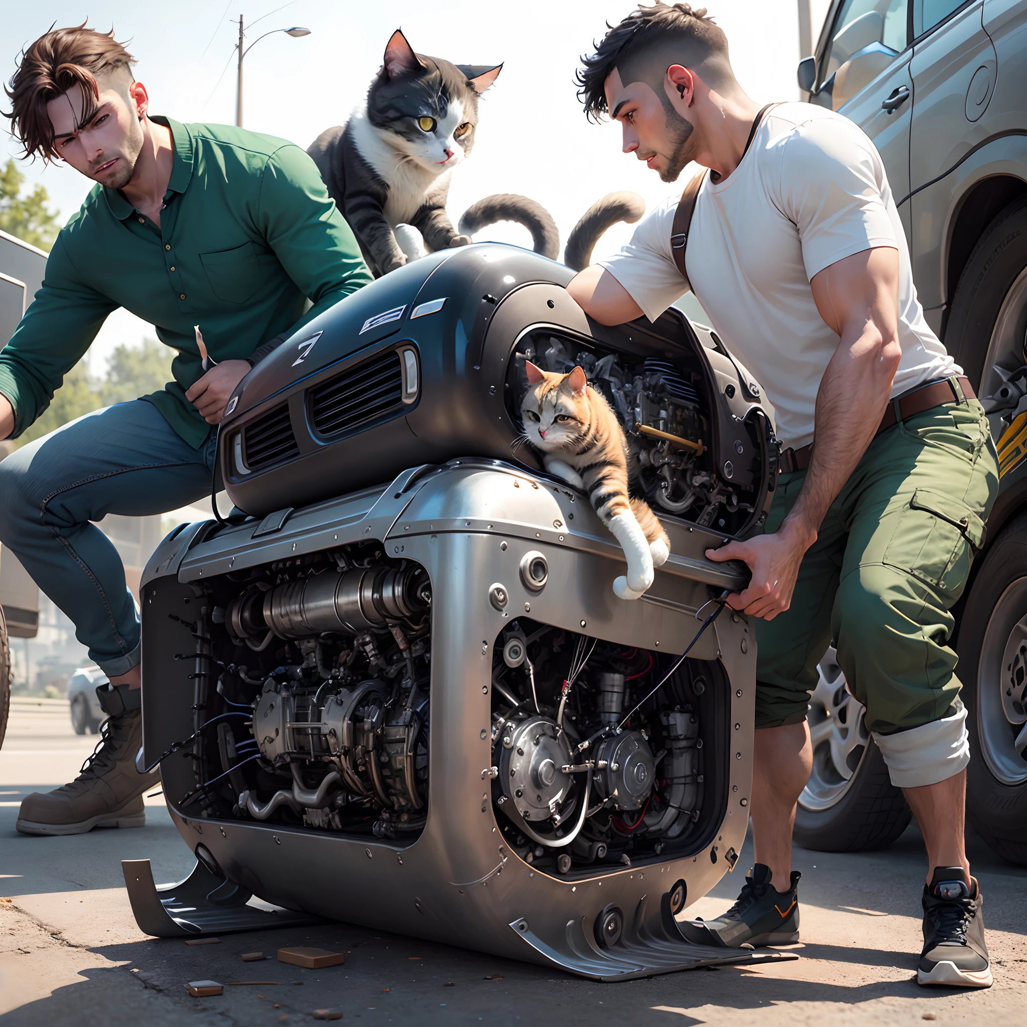 Cats pulling the engine out of a Nissan 350z