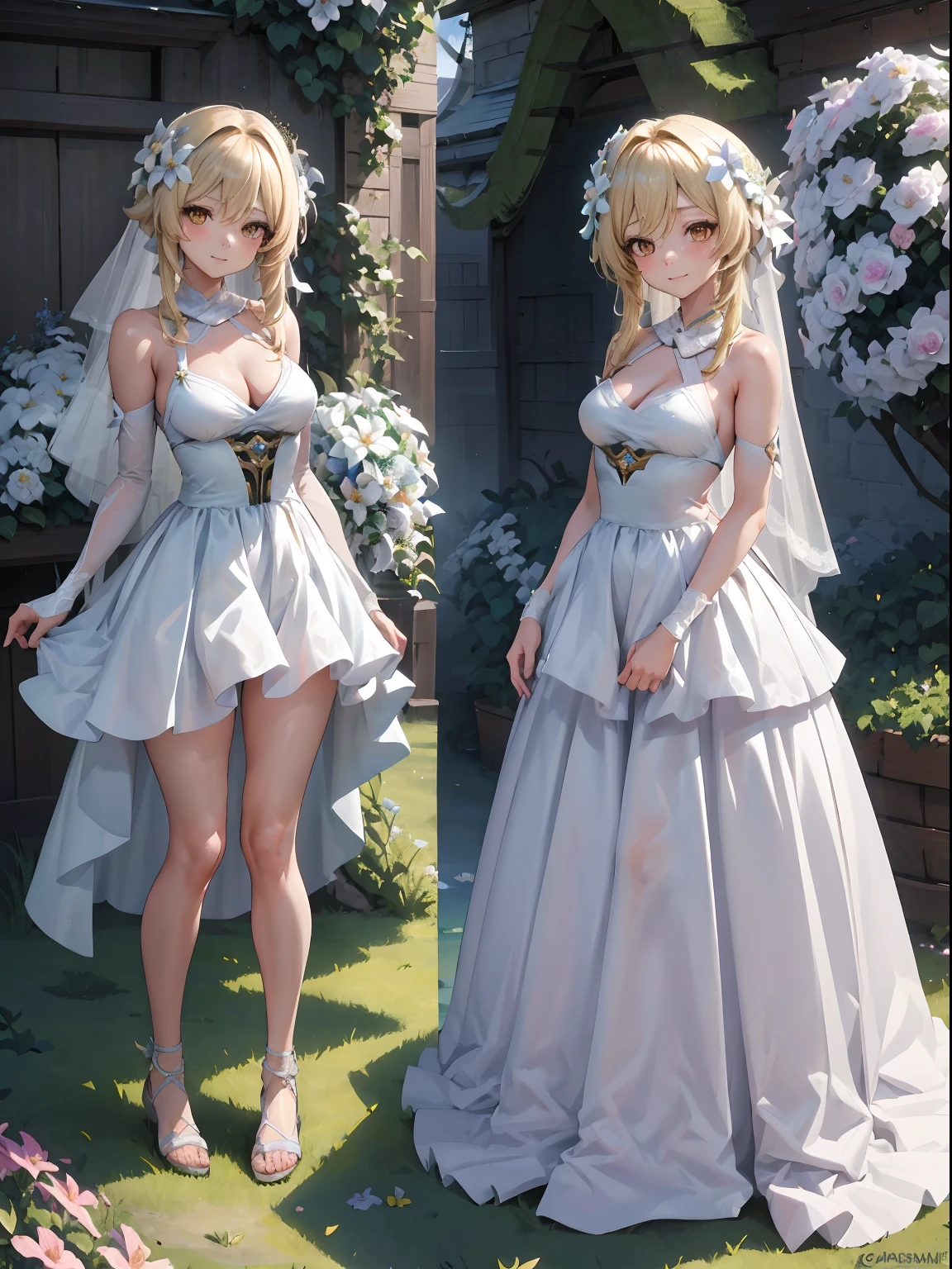 Lumine | genshin impact, master-piece, bestquality, 1girls,25 years old, proportional body, proportional., Wedding Dresses, White Wedding Dress, Long skirt, wedding, ,bara, Standing in the middle of a flower garden, outdoor, wedding, The sky is beautiful, Both hands hold a bouquet of flowers...................................., View viewers from the front., Thigh strap, Head tilt, bored, 10, 10, HD, slight smile,