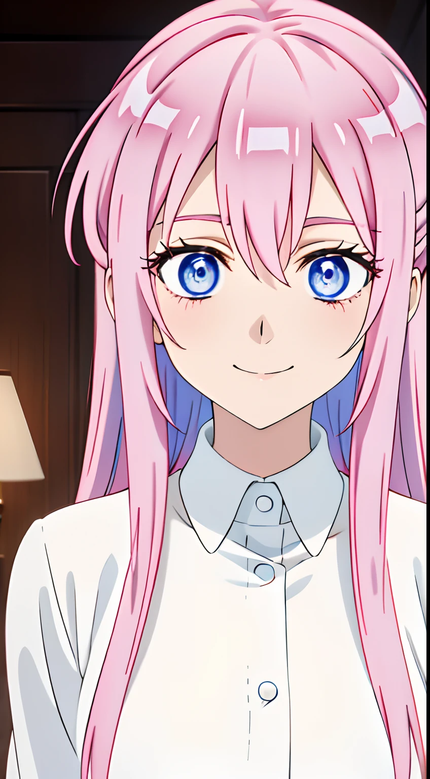 anime girl with long pink hair and blue eyes in a white shirt, crazy seductive smile, directed gaze, high - angle, very very very beautiful, ultra detail, hight quality, best quality