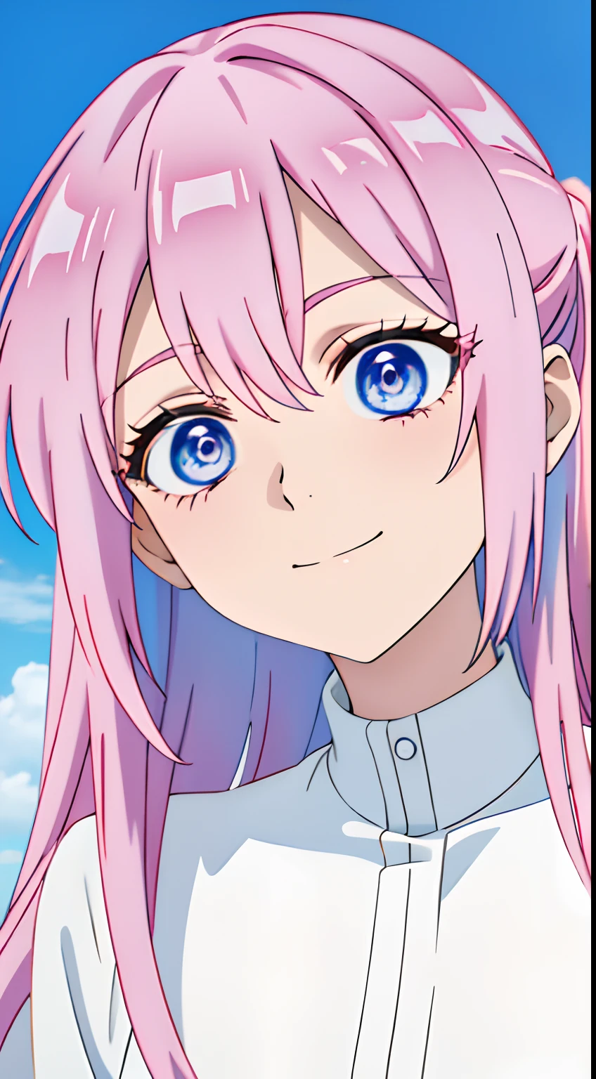 anime girl with long pink hair and blue eyes in a white shirt, crazy seductive smile, directed gaze, high - angle, very very very beautiful, ultra detail, hight quality, best quality