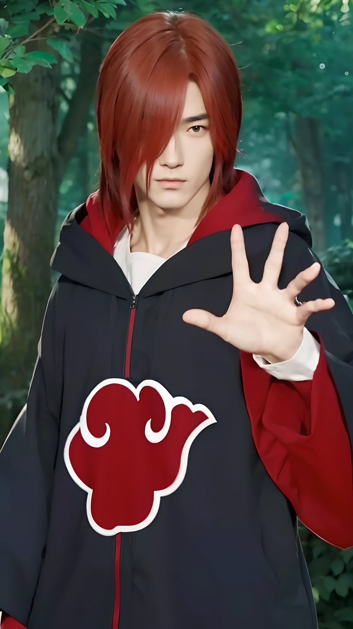 Real life adaption of this character, handsome man face, cool expression, ((realistic same hair)),((realistic same outfit with Akatsuki logo)) , hyper realistic, realistic light, realistic shadow, realism,(photorealistic:1.2), looking to viewer ,