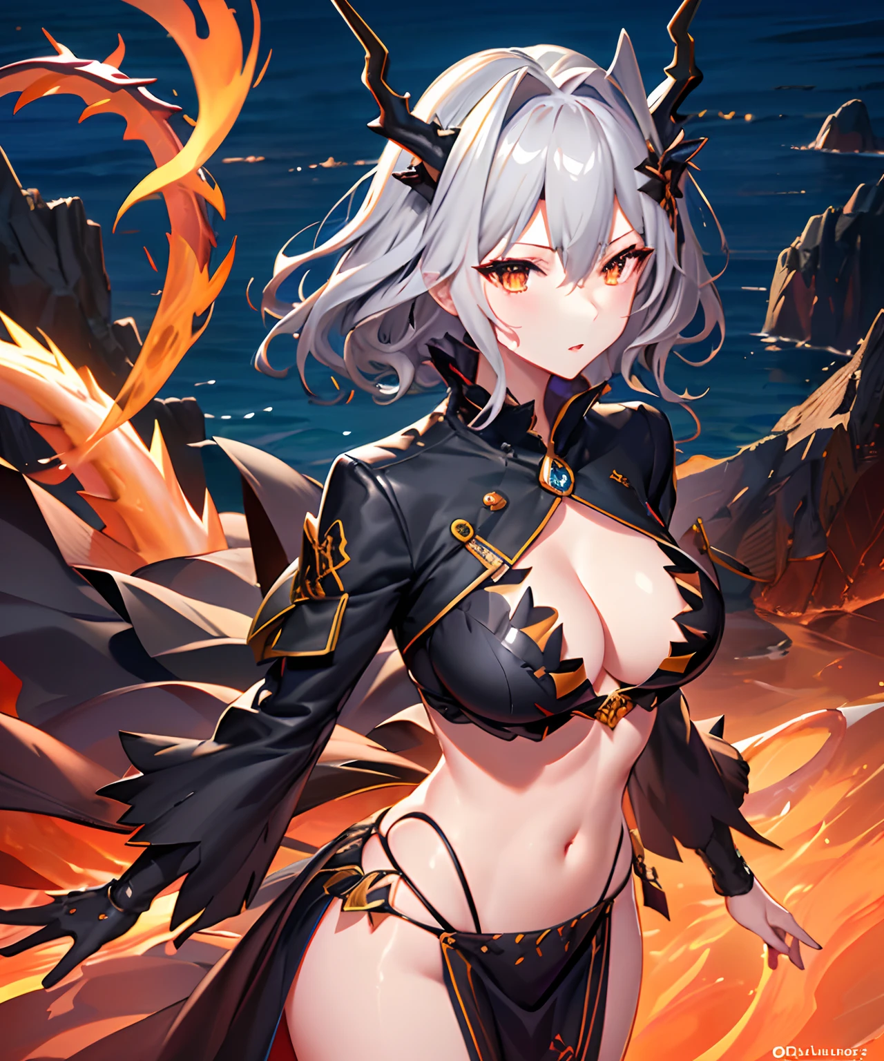 Ph_Talulah, dress T, long dress, 1girl, solo, bangs ,dragon horns ,grey hair ,hair intakes, hair between eyes ,short hair ,parted lips ,breasts ,dragon girl ,orange eyes ,dragon tail, bikini, ocean, bay (masterpiece:1.2, best quality), (finely detailed beautiful eyes: 1.2)