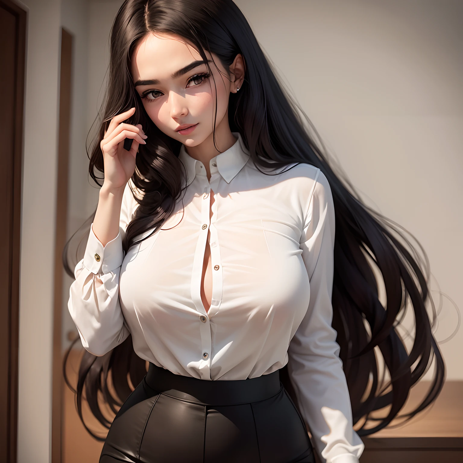 top-quality、delicated face、a 25 year old girl、Thicker body、Gray stockings、Black tight skirt、White shirt