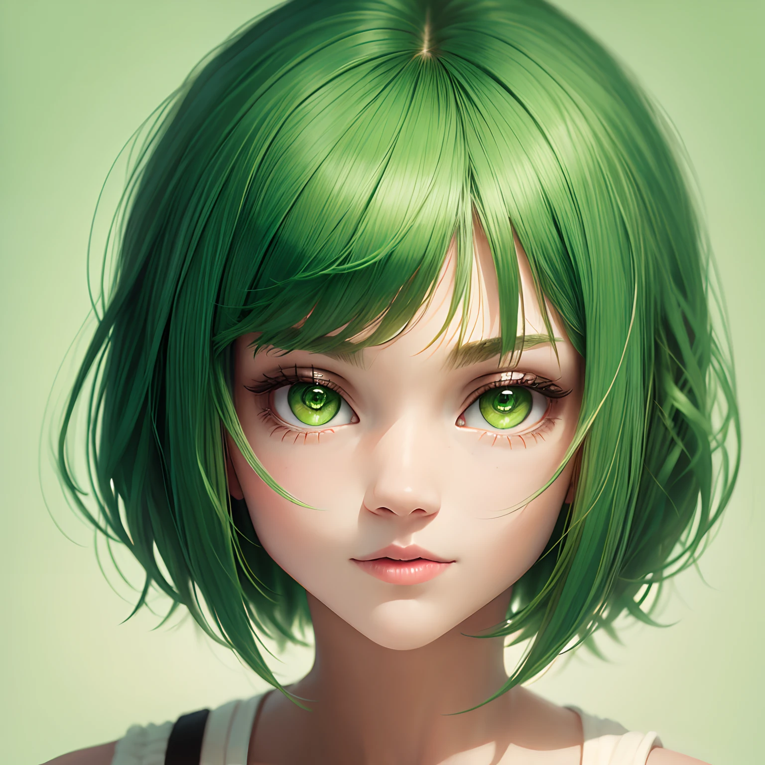 cute girl portrait, fluffy, short hair, hair coloured green mixed with white,