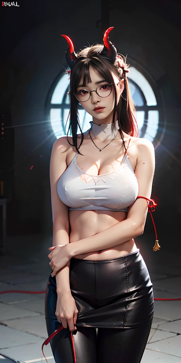 Fine、(The best illustrations)、8K resolution、intricate-detail、top-quality、realisitic、ultra-detailliert、The best lighting、Best Shadows、Soft lighting、Ulutra HD、Dungeon and Dragon、Dungeon、A Necromancer、natta、magia、Dark style、Succubus、Devil's Daughter、Bat Wings，(((Demon Horns)))、((((black-rimmed round glasses))))、(((Colossal tits)))、Devil's Tail、(red eyes glowing:1.6)、​masterpiece、beautiful countenance、Tindall Effect、photos realistic、(High Detail Skins:1.2)、 (Intricate details, makeup, pureerosface_v1:0.5), (Detailed beautiful delicate face, Detailed beautiful delicate eyes, A perfectly proportioned face, High detailed skin, Detailed skin, best ratio four finger and one thumb, arms below breasts, Awesome awesome, wide hips, smooth midriff, skiny and thin, __Fashion__, __hair__:1.25) 8KUHD、Digital SLR、hightquality、a picture、hight resolution、 absurderes、Ponytail distortion、Highest high resolution、1人、hair adornments、a necklace、jewely、Beautiful expression、Body Up、Large breasts emphasis、Toned waist、Wide buttocks、Tindall Effect、Photorealsitic、(High Detail Skins:1.2)、