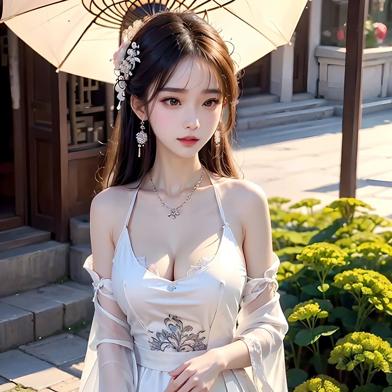 High detail CG,rich details,On the streets in the sun,One is wearing a cheongsam,The beauty of Hanfu Walk the streets of Jiangnan Town after the rain,The figure is bumpy,Wearing a necklace,耳Nipple Ring