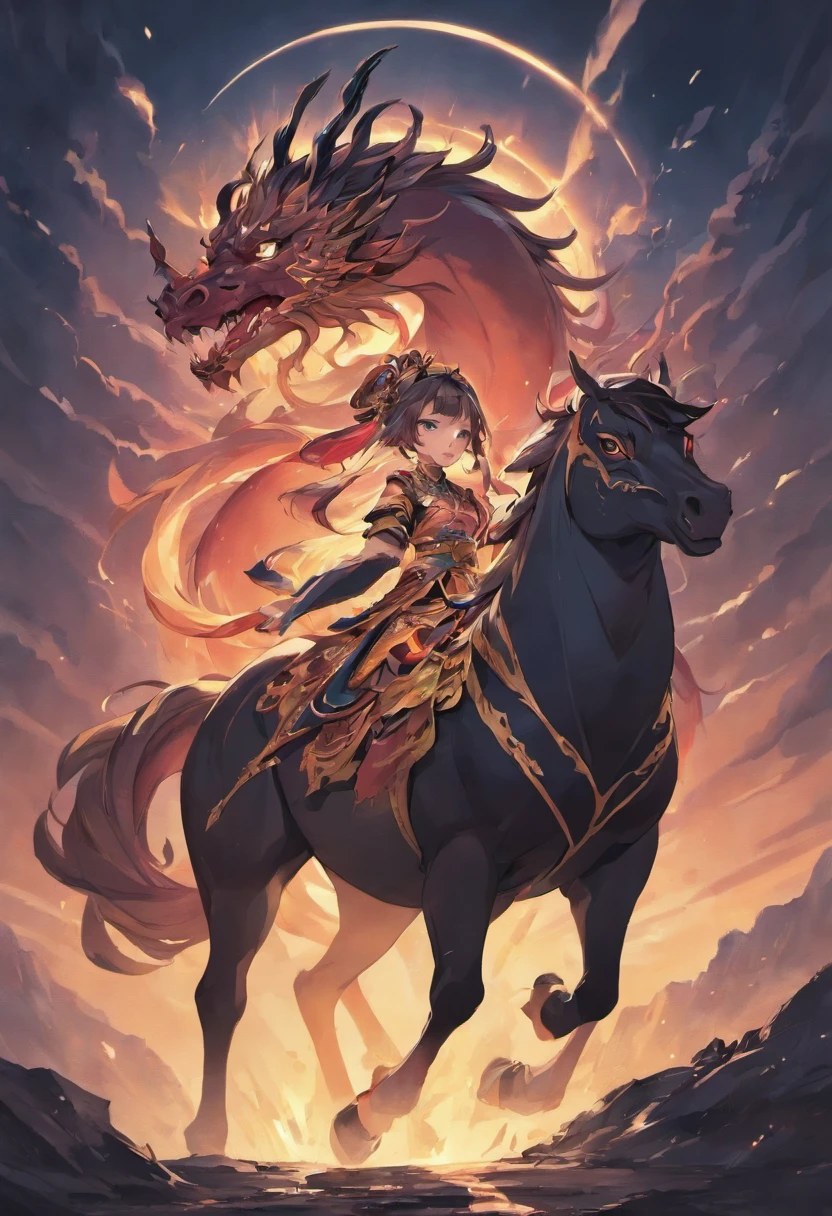 Chinese mythology,above the mountains,A huge horse,in dark style,Huge dams,Huge body contrast