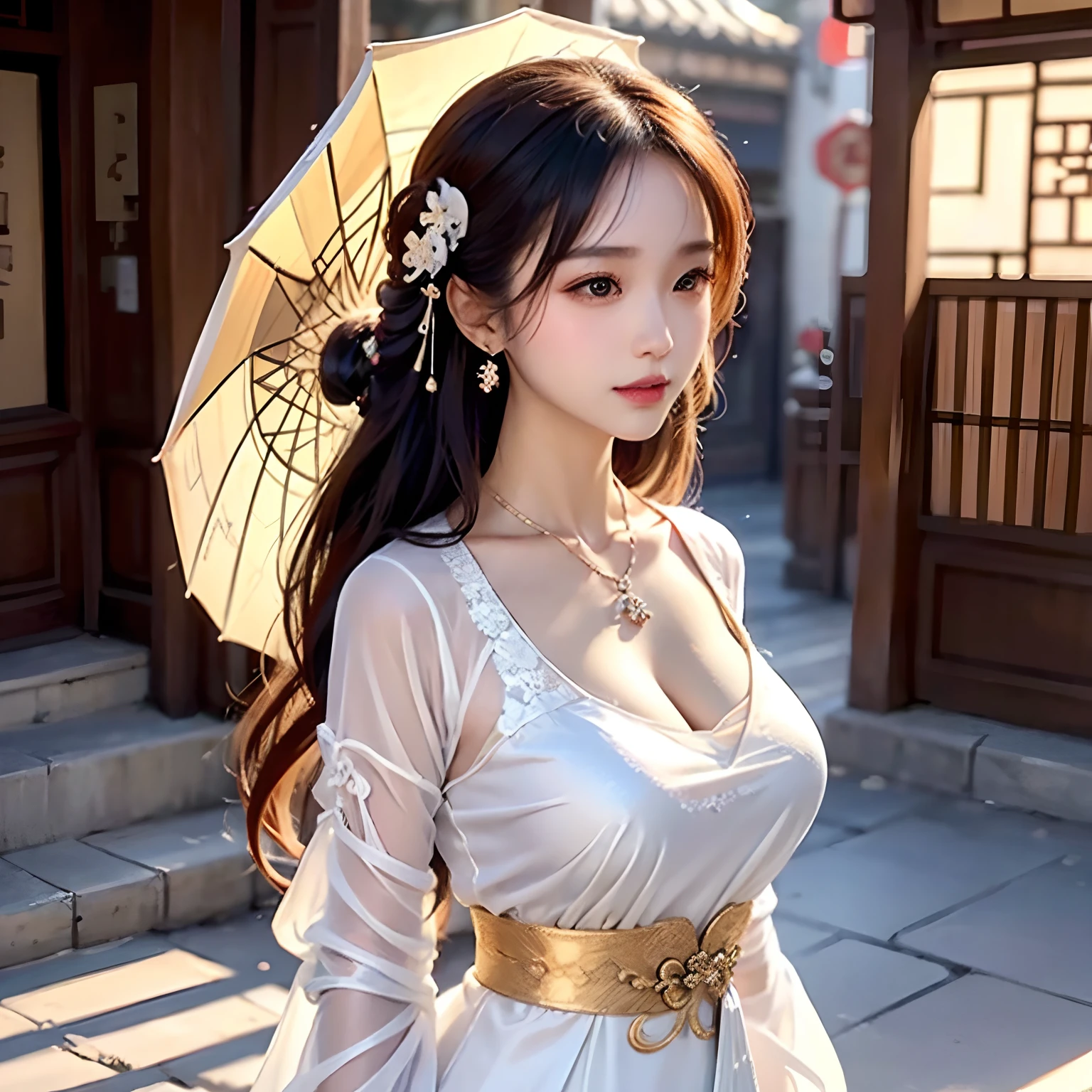 High detail CG,rich details,On the streets in the sun,One is wearing a cheongsam,The beauty of Hanfu Walk the streets of Jiangnan Town after the rain,The figure is bumpy,Wearing a necklace,耳Nipple Ring