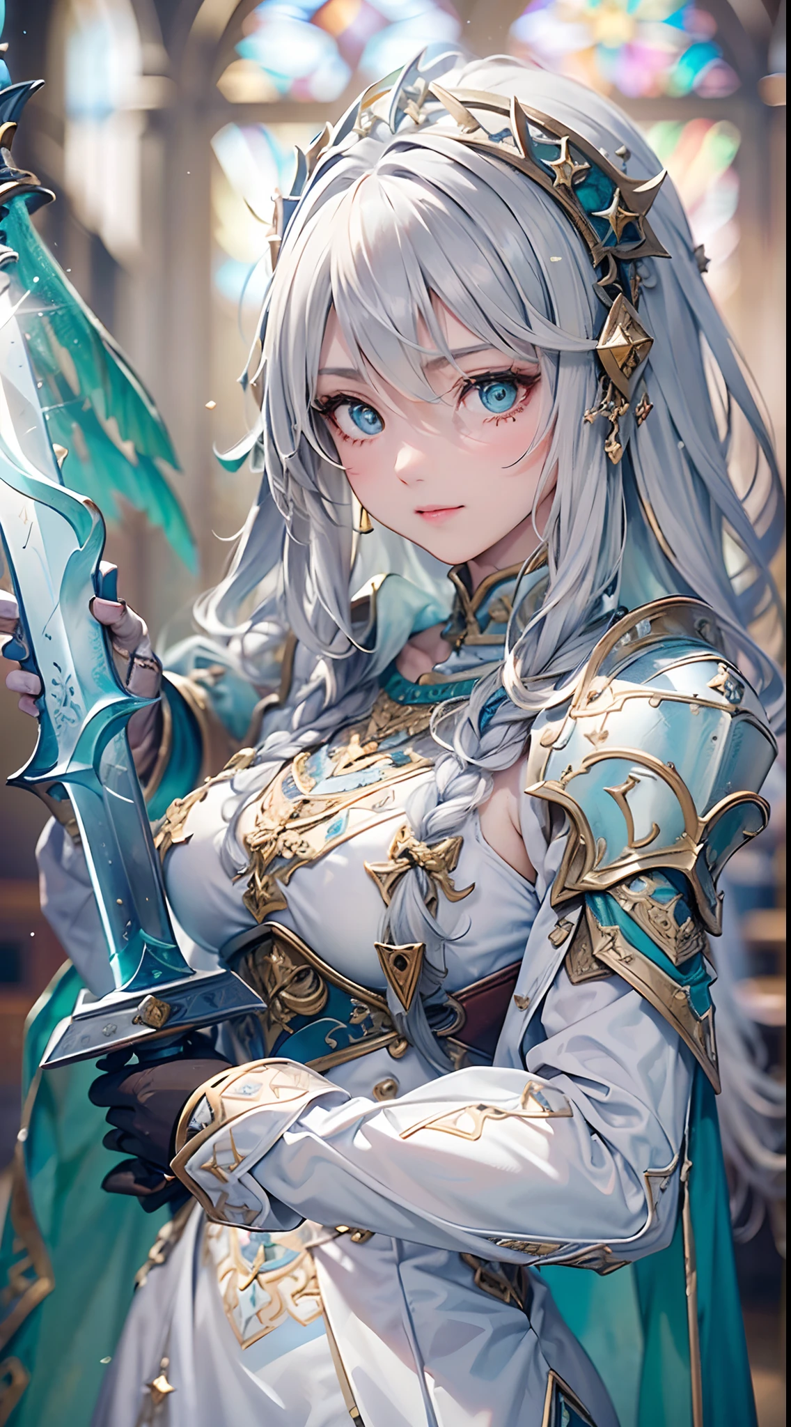 (Official art、Best Quality、Unity 8k Wallpapers、32K、masterpiece、ultra-detailliert、超A high resolution、realisitic、Photorealsitic、Very ridiculous:1.2)、(Cinematic lighting:1.2)、Fireglow effect、film grains、Best Shadows、Rim lighting、side lights、(Ultra-detailed and complex 3D rendering)、Detailed beautiful face and eyes、Sharp pupils、Realistic pupils、A slender、1Man Woman、Medium bust、(Full body:1.2)、 beauitful face、16-year-old beautiful girl、(super detailed skin、detailed skin textures:1.3)、(silver blond、Blue-silver hair:1.3)、Paladin、Longhaire、Blunt bangs、Green eyes、3 braids in 1 bunch、(Blue Armor、Blue Boots、Blue helmet、Jeweled、Gold embroidery)、A slender、Maxi skirt、(thighs thighs thighs thighs:0.8)、(chies、in a house、Artistic stained glass、Large pipe organ、crosses、Hello Point、Mystical、a lot of feathers float、angelicales、Particles of light、solemnity、Sunlight is、colourfull、Fantastical:1.2)、(Fantastical:1.3)、(Holding the Holy Sword:1.4)、(Looking away、looking distantly:1.3)、Fantastical、Gentle smile