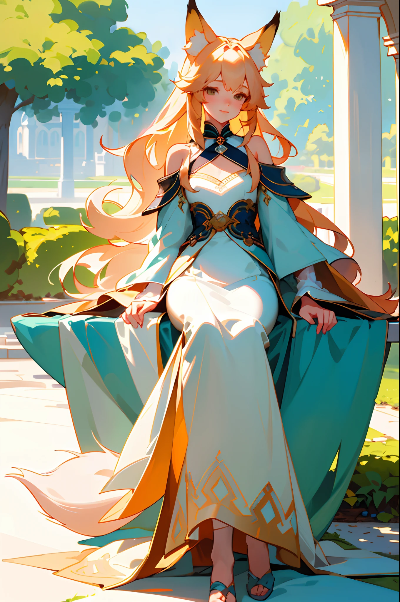 (best quality, masterpiece, ultra-realistic), portrait of 1 beautiful and delicate girl, with a soft and peaceful expression, the background scenery is a palace garden, fox ears, fox tail, full body, fashion concept art