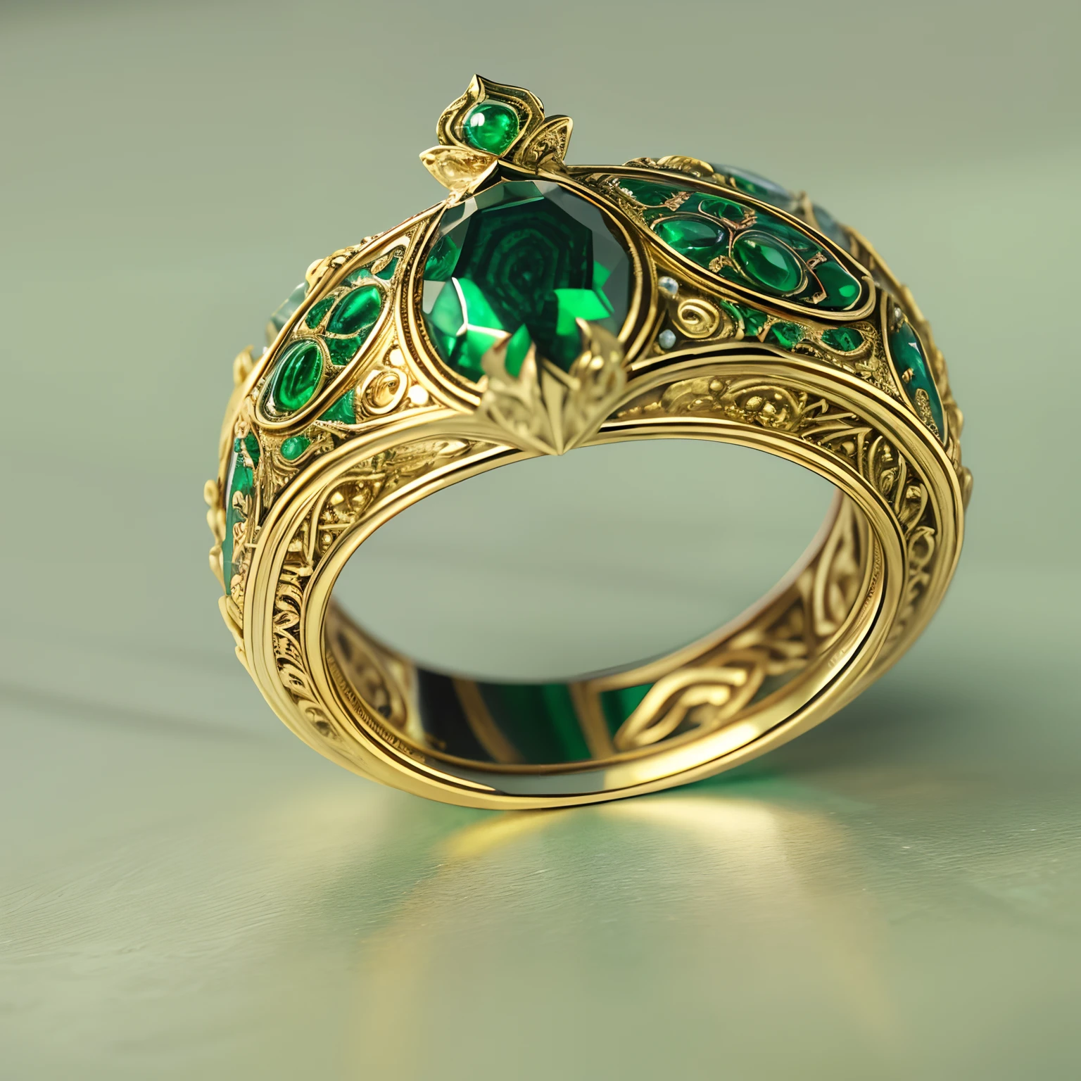 Masterpiece，highest  quality，(Nothing but the ring)，(No Man),Supreme Ring，Peacock element carving，This is（Supreme Lord of the Rings：6.66），Made in gold，Meticulous workmanship，Honorable and gorgeous，Inlaid with malachite，It shines with a noble green magical light，