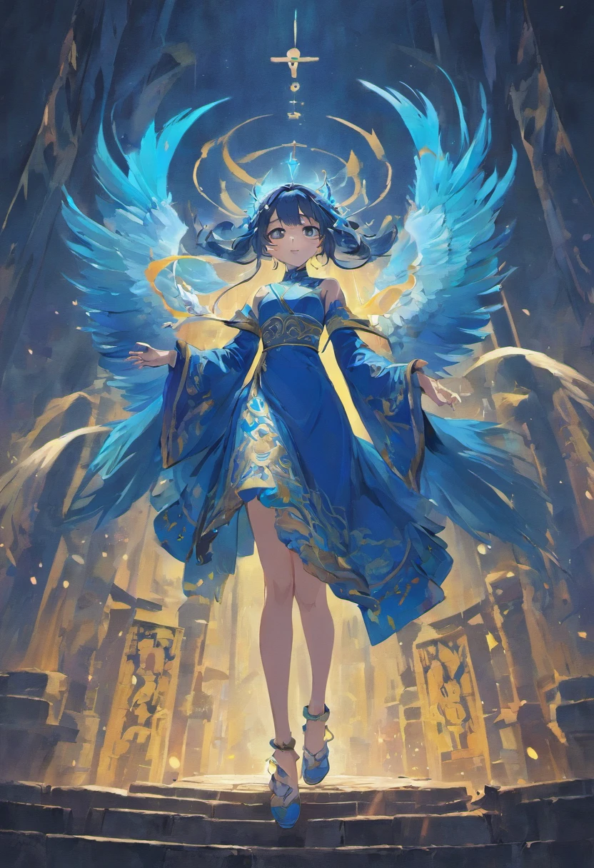 Chinese mythology,above the mountains,A huge blue bird,in dark style,Huge dams,Huge body contrast