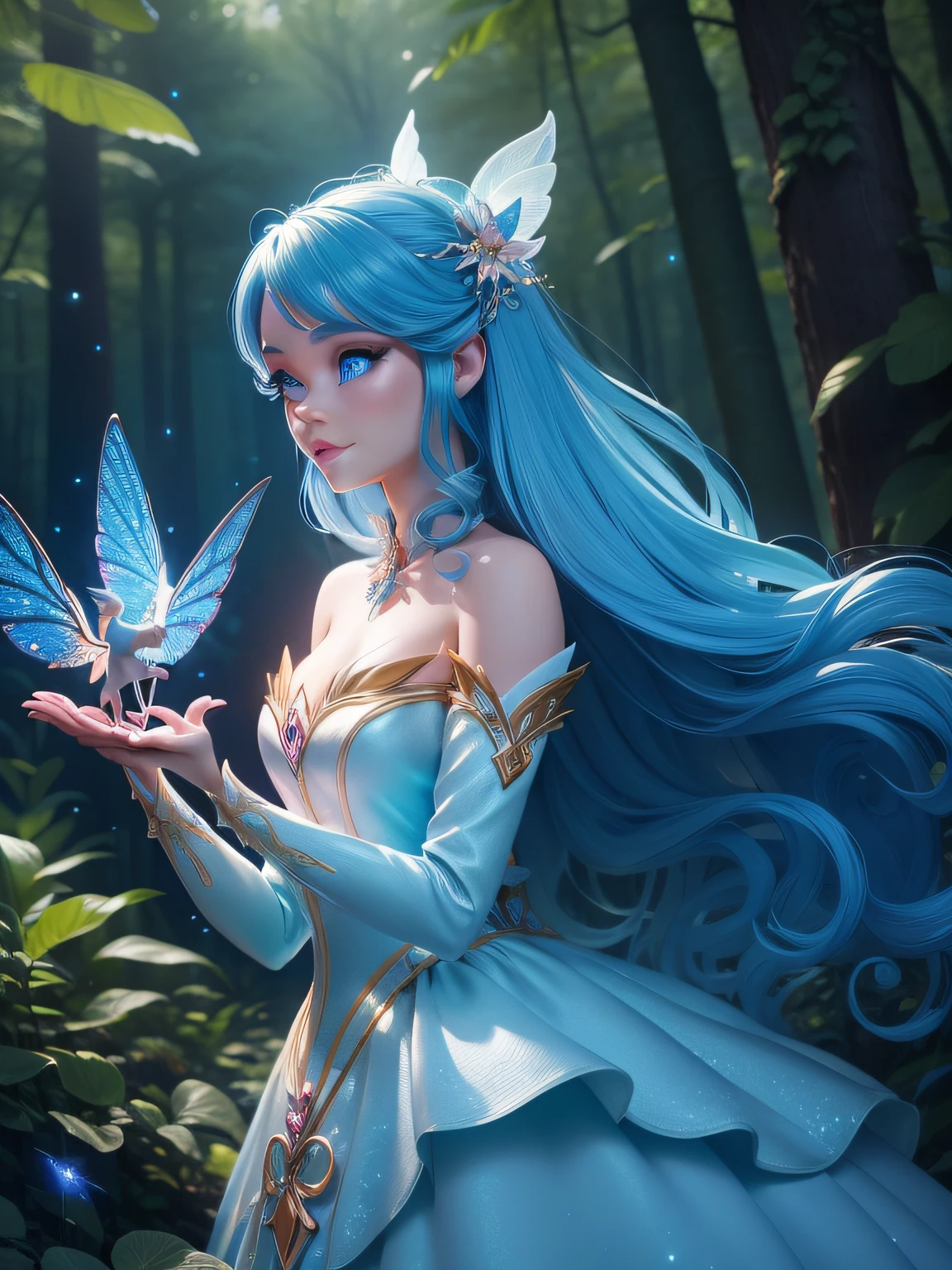 Enter a magical kingdom as Barbie transforms into a graceful forest fairy, surrounded by glittering fireflies and eccentric creatures. Com asas cintilantes e uma coroa de flores, She spreads enchantment in an ethereal forest setting, blue hair, blue eyes , a white modest dress,