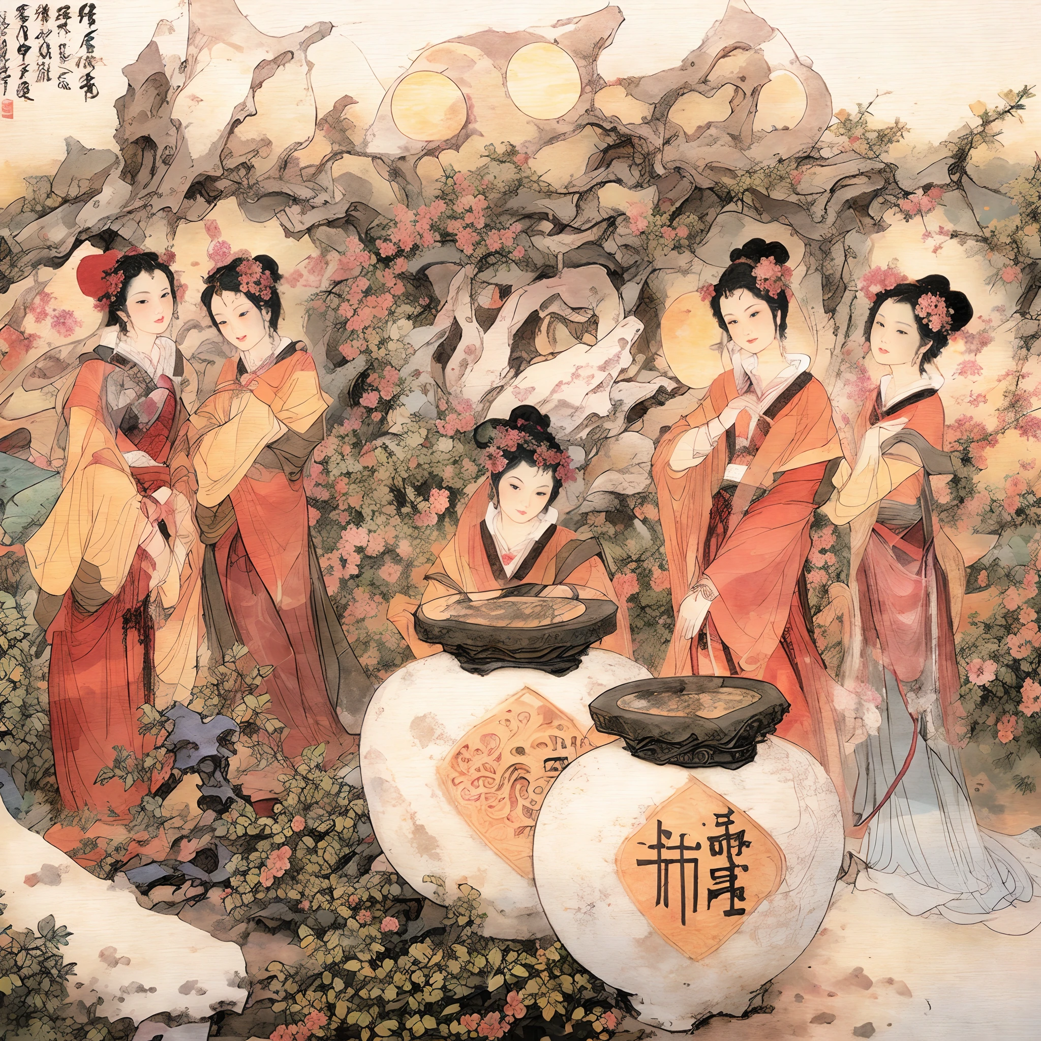 Masterpiece, Best quality,(full bodyesbian:1.3), Solo,chinese paintings,Beautiful face and eyes details of Chinese girl, Perfect skin,make happy expressions,The sisters make wine together,clean color,Low-saturation colors,Colors of low brightness,rich details​,Ancient Chinese Ming dynasty style,Quiet and elegant atmosphere,The red tone is the keynote,Pure,light make-up,Jade jewelry,hair adornments,moon full,Colorful,sharp and clear focus,instagram most viewed, Concept artist, Depth of field,flower,Bush
