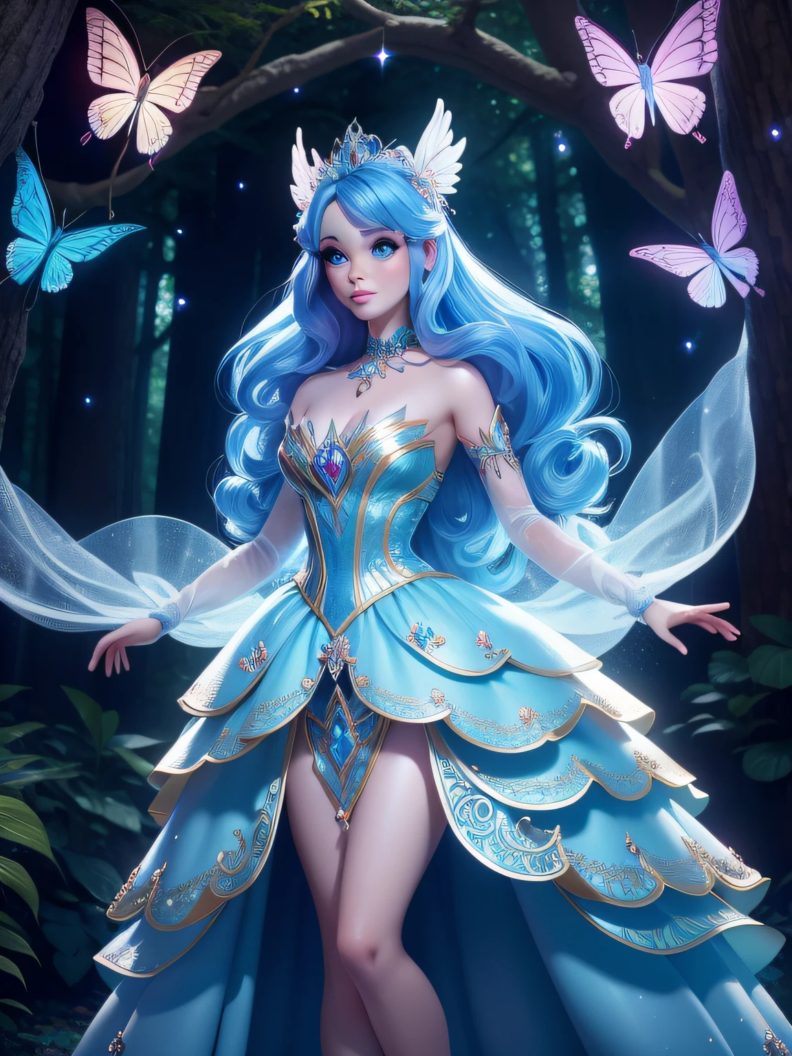 Enter a magical kingdom as Barbie transforms into a graceful forest fairy, surrounded by glittering fireflies and eccentric creatures. Com asas cintilantes e uma coroa de flores, She spreads enchantment in an ethereal forest setting, blue hair, blue eyes , a white modest dress,