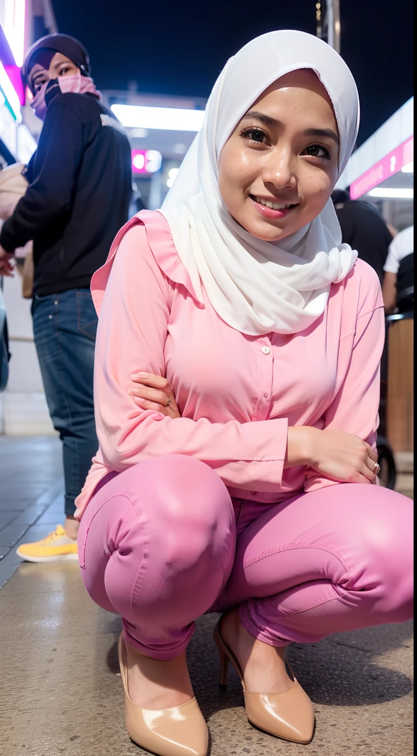 Malay girl squat and laughing, squatting, open both leg, wearing pastel pink jeans and blouse in nighttime city, wearing hijab, pastel color hijab, pink , small tits, small breast, flat chest, bright lighting,