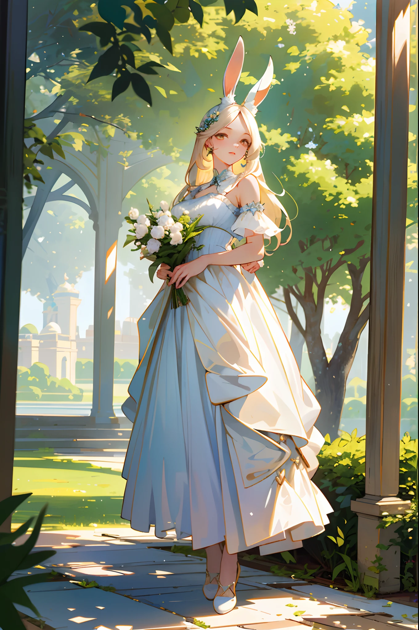 (best quality, masterpiece, ultra-realistic), portrait of 1 beautiful and delicate girl, with a soft and peaceful expression, the background scenery is a palace garden, rabbit ears, rabbit tail, full body, fashion concept art