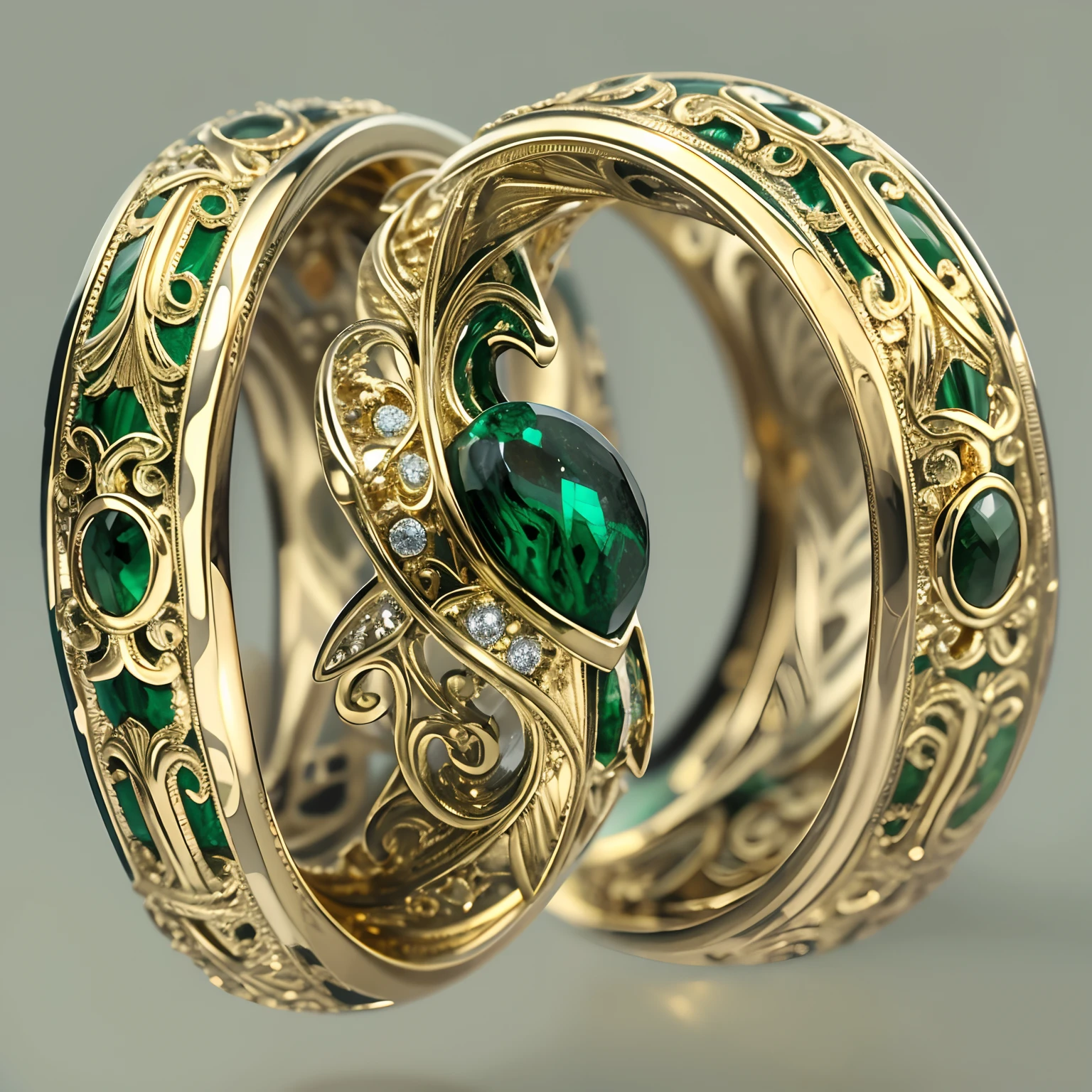 Masterpiece，highest  quality，(Nothing but the ring)，(No Man),Supreme Ring，Peacock element carving，This is（Supreme Lord of the Rings：6.66），Made in gold，Meticulous workmanship，Honorable and gorgeous，Inlaid with malachite，It shines with a noble green magical light，