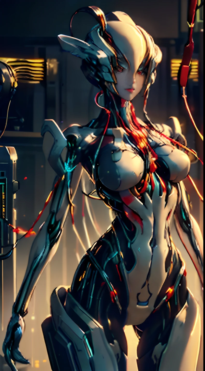 (((masterpiece))), (((best quality))), ((ultra-detailed)), (highly detailed CG illustration), ((an extremely delicate and beautiful)),cinematic light,((1mechanical girl)),solo,(cowboy shot:1.2),(machine made joints:1.2),((machanical limbs)),(blood vessels connected to tubes),(mechanical vertebra attaching to back),((mechanical cervial attaching to neck)),expressionless,(wires and cables attaching to neck:1.2),(wires and cables on head:1.2),(character focus),science fiction,extreme detailed,colorful,highest detailed, loongs,fengs,background,