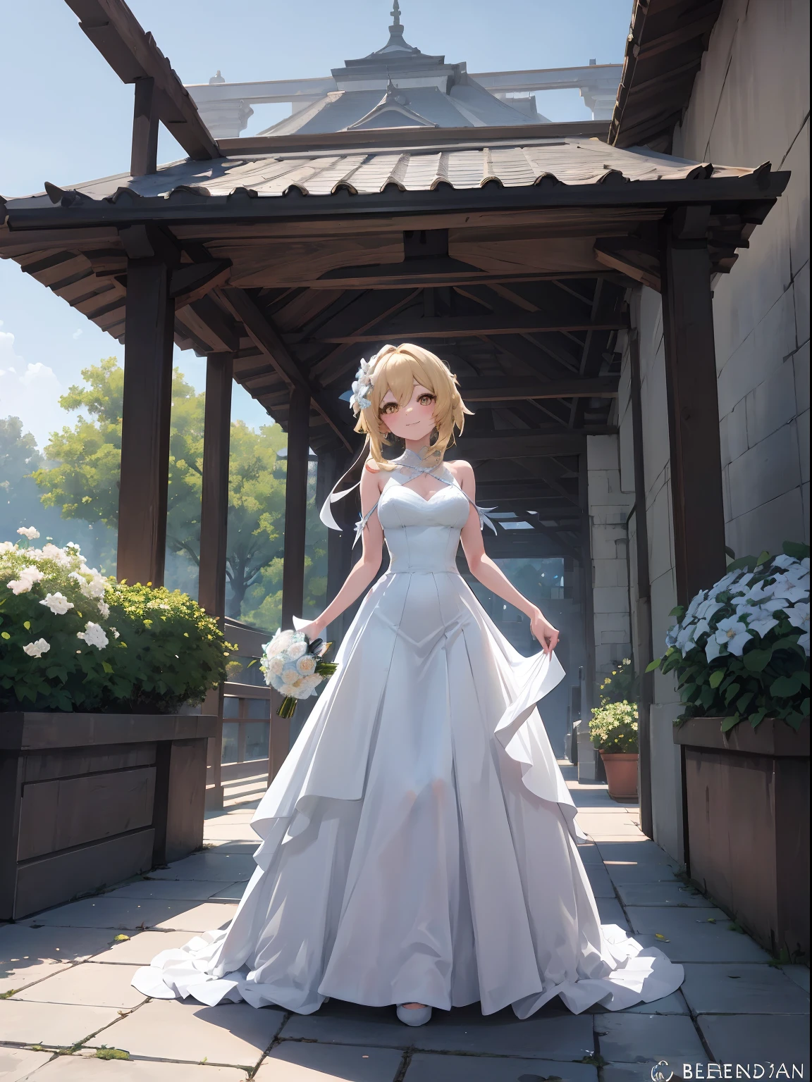 Lumine | genshin impact, master-piece, bestquality, 1girls,25 years old, proportional body, proportional., Wedding Dresses, White Wedding Dress, Long skirt, wedding, ,bara, Standing in the middle of a flower garden, outdoor, wedding, The sky is beautiful, Both hands hold a bouquet of flowers....................................., View viewers from the front., Thigh strap, Head tilt, bored, 10, 10, HD, slight smile,