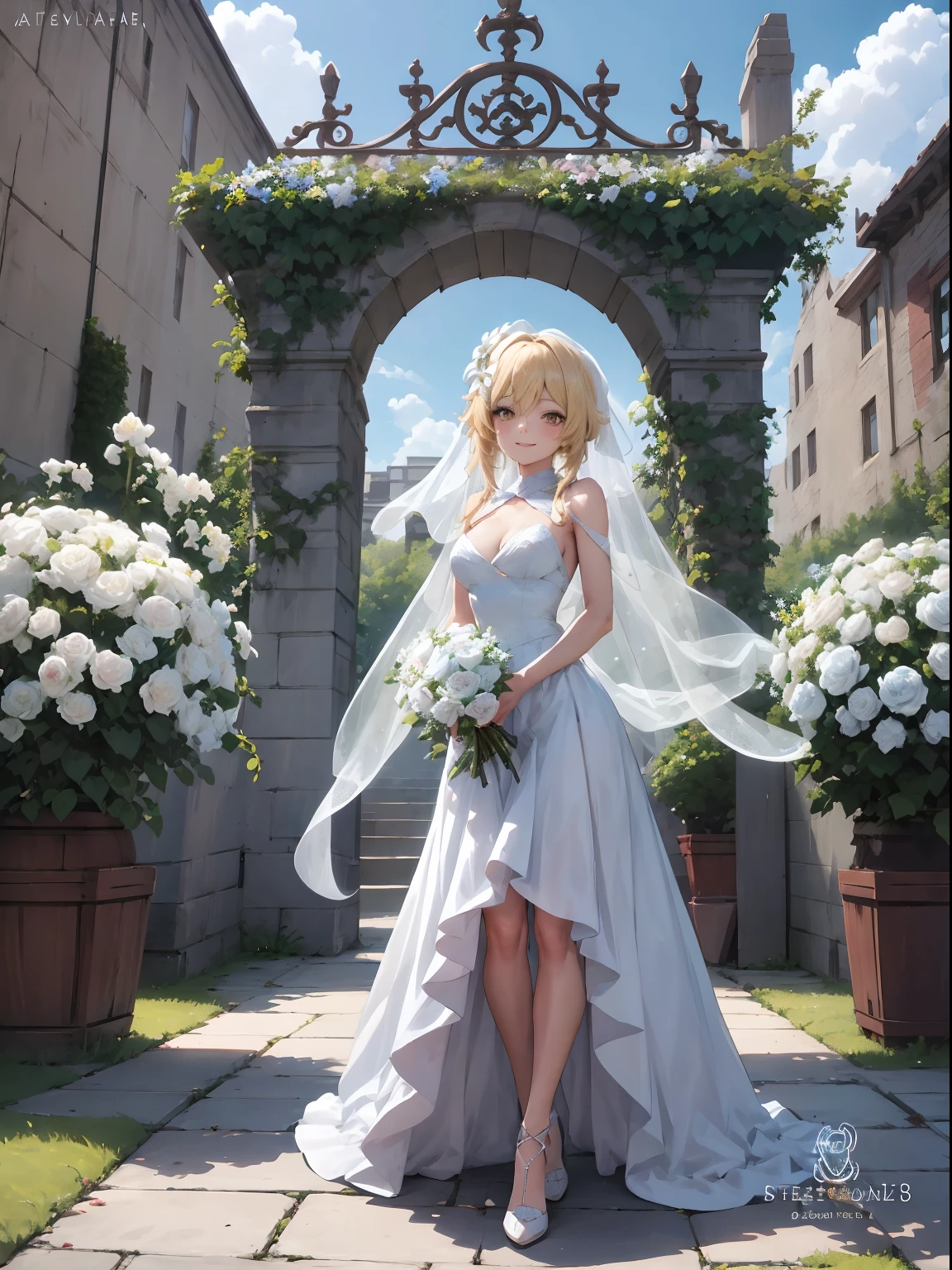Lumine | genshin impact, master-piece, bestquality, 1girls,25 years old, proportional body, proportional., Wedding Dresses, White Wedding Dress, Long skirt, wedding, ,bara, Standing in the middle of a flower garden, outdoor, wedding, The sky is beautiful, Both hands hold a bouquet of flowers....................................., View viewers from the front., Thigh strap, Head tilt, bored, 10, 10, HD, slight smile,