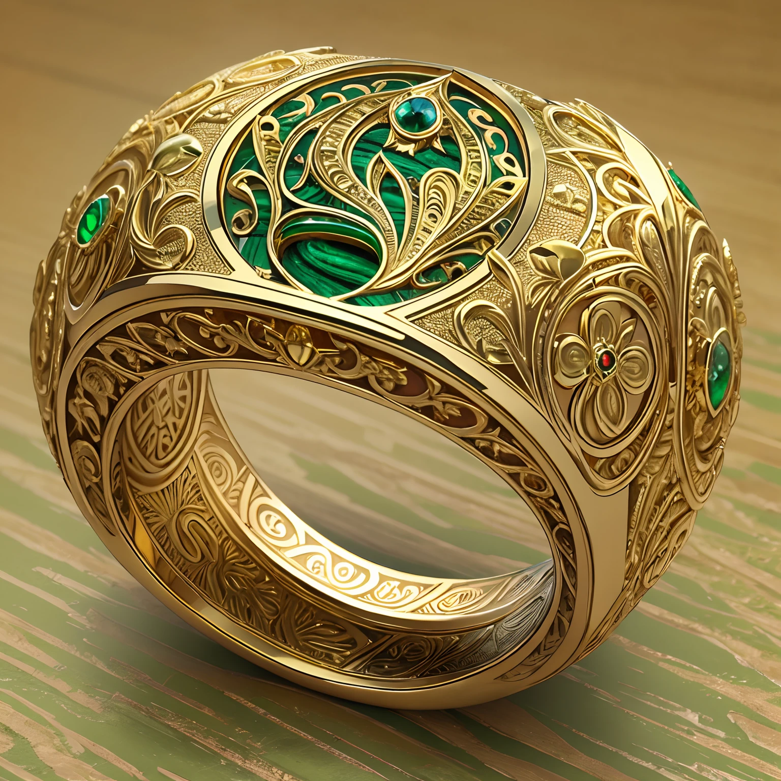 Masterpiece，highest  quality，(Nothing but the ring)，(No Man),Supreme Ring，Peacock element carving，This is（Supreme Lord of the Rings：6.66），Made in gold，Meticulous workmanship，Honorable and gorgeous，Inlaid with malachite，It shines with a noble green magical light，