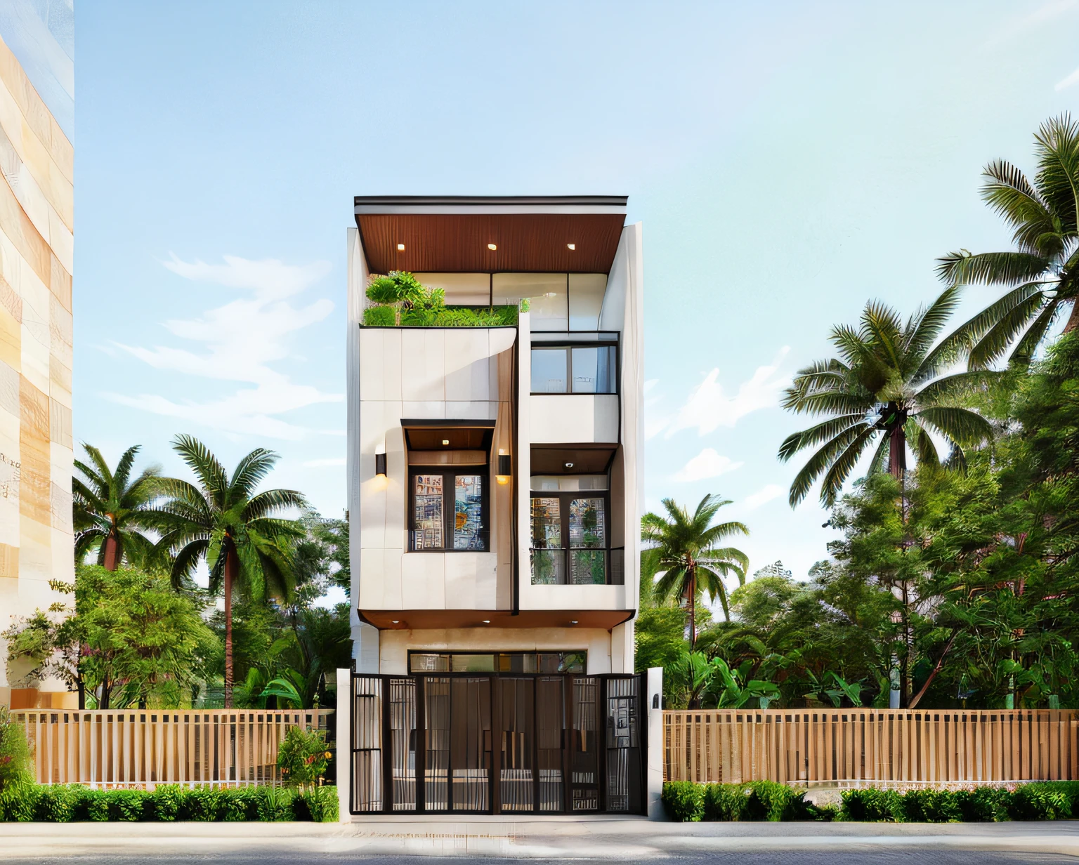 RAW photo,Masterpiece, high quality, best quality, authentic, super detail, townhouse, modern house with (tile wall:1.2), glass windows, (wooden ceiling:1.1), railing glass, gate, fence, (curve:1.1),tropical trees, day, beautifu sky, (high detailed :1.2), 8k uhd, dslr, soft lighting, high quality, film grain, Fujifilm XT3