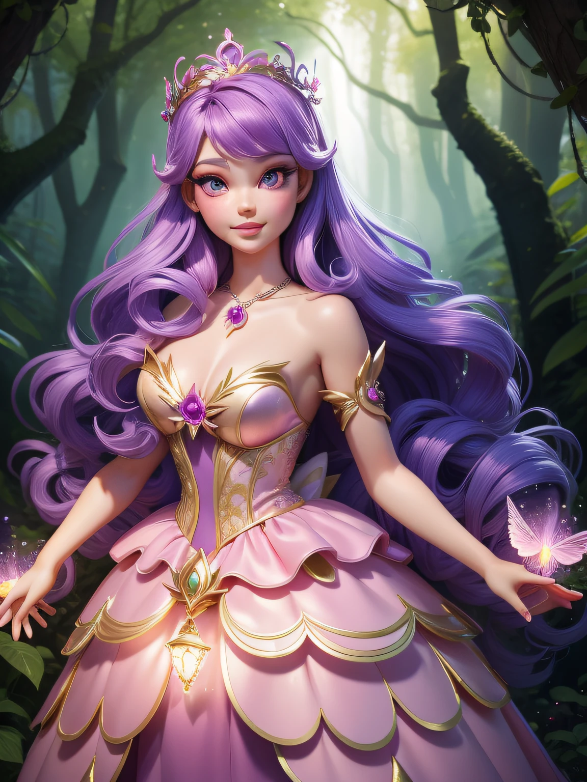 Enter a magical kingdom as Barbie transforms into a graceful forest fairy, surrounded by glittering fireflies and eccentric creatures. With twinkling handles and a flower crown, She spreads enchantment in an ethereal forest setting, with purple hair, a beige dress, hazel eyes,