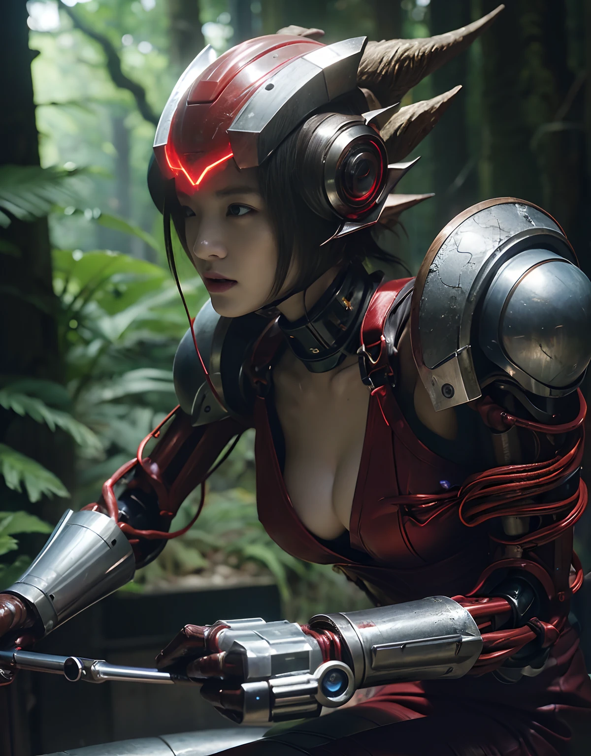 (1 Mechanical Girl)、top-quality、​masterpiece、超A high resolution、(Photorealsitic:1.4)、Raw photo、女の子1人、Fight mutants、glowy skin、(((1 Mechanical Girl)))、With a beautiful knife、（Silver Metal Bodysuit）、(Kobold、ogre、Fierce battle with orcs),（Fight fiercely against aliens）、Fight fiercely、(beautiful forest background)、(Fighting Demonic Beasts)、(Small LED)、((super realistic details))、portlate、(Strong giant demon beast background),globalillumination、Shadow、octan render、8K、ultrasharp、Colossal tits、Raw skin is exposed in cleavage、metals、Details of complex ornaments、Japan details、highly intricate detail、Realistic light、(Mystical expression),CGSoation Trends、Red Eyes、radiant eyes、Facing the camera、neon details、(Mechanical limbs)、(blood vessels connected to tubes)、Mechanical vertebrae attached to the back、mechanical cervical attaching to neck、(Wires and cables connecting to the head)、Gundam、Small LED、,Mechanical thighs、Toostock、（Hands are also made of machines）、（Attack of the Monster Beasts）、（Wounded in a deadly battle）、