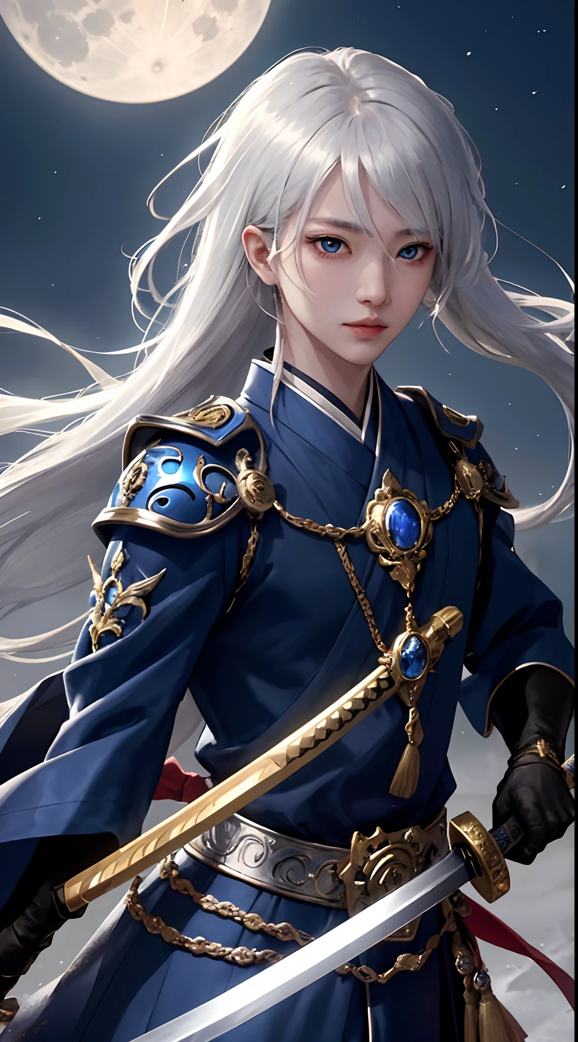 1boy, wanostyle, Hikaru is a lithe and agile man with a graceful demeanor. He has striking silver hair that shimmers like the moonlight and piercing sapphire-blue eyes. Hikaru’s attire consists of a flowing, midnight-blue cloak and intricately designed silver armor that showcases his affinity for moon-themed symbolism. He wields a katana with a hilt adorned with crescent moon motifs., looking at viewer, solo, upper body, ((masterpiece)), (best quality), (extremely detailed), depth of field, sketch, dark intense shadows, sharp focus, soft lighting, hdr, colorful, good composition, fire all around, spectacular, closed shirt, anime screencap, scar under eye, ready to fight, black eyes